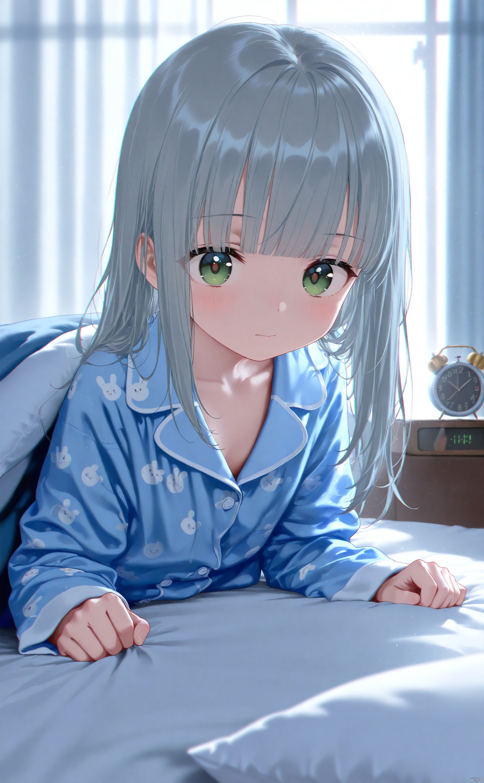 masterpiece,best quality,high quality,loli,chromatic_aberration,Light Blue Theme,
//,
loli,1girl,clock,solo,alarm clock,under covers,green eyes,bed,long hair,pillow,indoors,sunlight,curtains,pajamas,grey hair,blanket,window,collarbone,bangs,
//,
year_2023,year_2024,
//,
official art,depth of field,detailed light,blurry background,cinematic lighting,ray tracing,
amazing quality,very aesthetic,absurdres,beast quality,ultra detailed,silver hair,blunt bangs,
