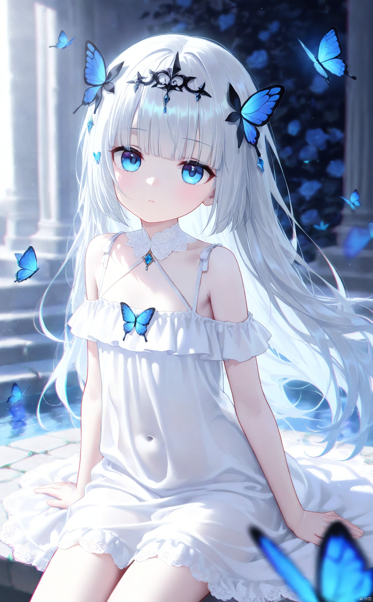 masterpiece,best quality,high quality,loli,chromatic_aberration,Light Blue Theme,
//,
loli,This is a masterpiece that exudes exceptional quality. The illustration is ultra-detailed,utilizing HDR technology to create a sense of depth. The subject matter is an original,delicate,and beautiful artwork,vibrant with color and filled with fantastical elements. The girl is sitting by a deep sea,surrounded by flowing water,with a dull blue World Tree in the background,situated in a cemetery. The serene and dreamy atmosphere gives the entire scene a soulful and enchanting quality. Her pale complexion,azure blue eyes that glow,and silver hair adorned with flowers create a captivating portrait. She wears a Lolita-inspired fashion,expressionless with her mouth closed. The backgrounds range from white,transparent,circular options,and there are also flying translucent blue butterflies that add a sense of liveliness to the piece.,,

//,
year_2023,year_2024,
//,
official art,depth of field,detailed light,blurry background,cinematic lighting,ray tracing,
amazing quality,very aesthetic,absurdres,beast quality,ultra detailed,silver hair,blunt bangs,