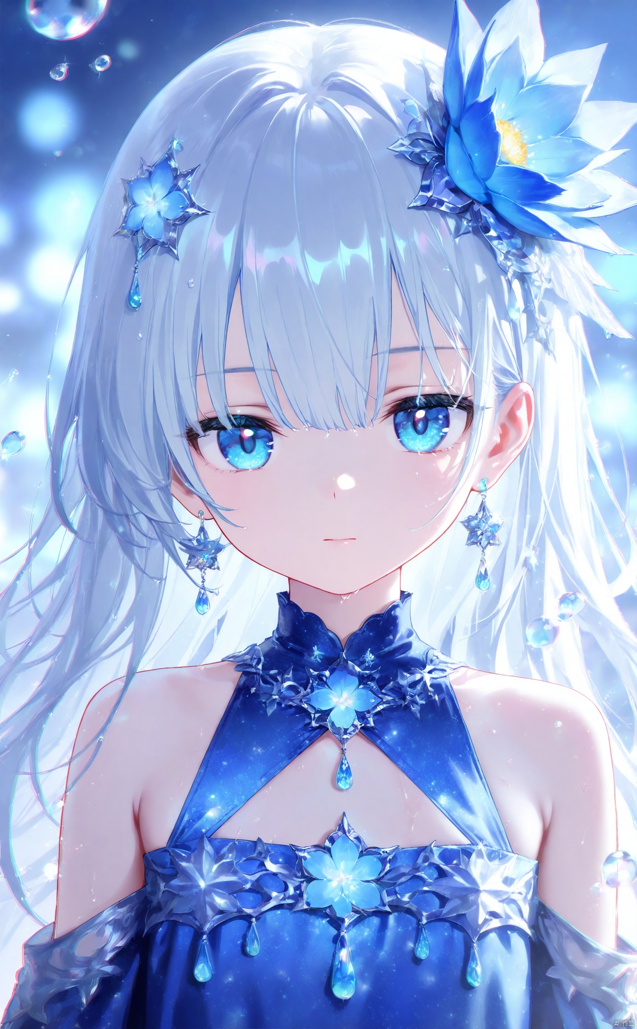 masterpiece,best quality,high quality,loli,chromatic_aberration,Light Blue Theme,
//,
1girl, solo, flower, long hair, blue eyes, blue flower, white hair, dress, expressionless, upper body, hair ornament, closed mouth, blue dress, water drop, bare shoulders, jewelry, clothing cutout
//,
year_2023,year_2024,
//,
official art,depth of field,detailed light,blurry background,cinematic lighting,ray tracing,
amazing quality,very aesthetic,absurdres,beast quality,ultra detailed,