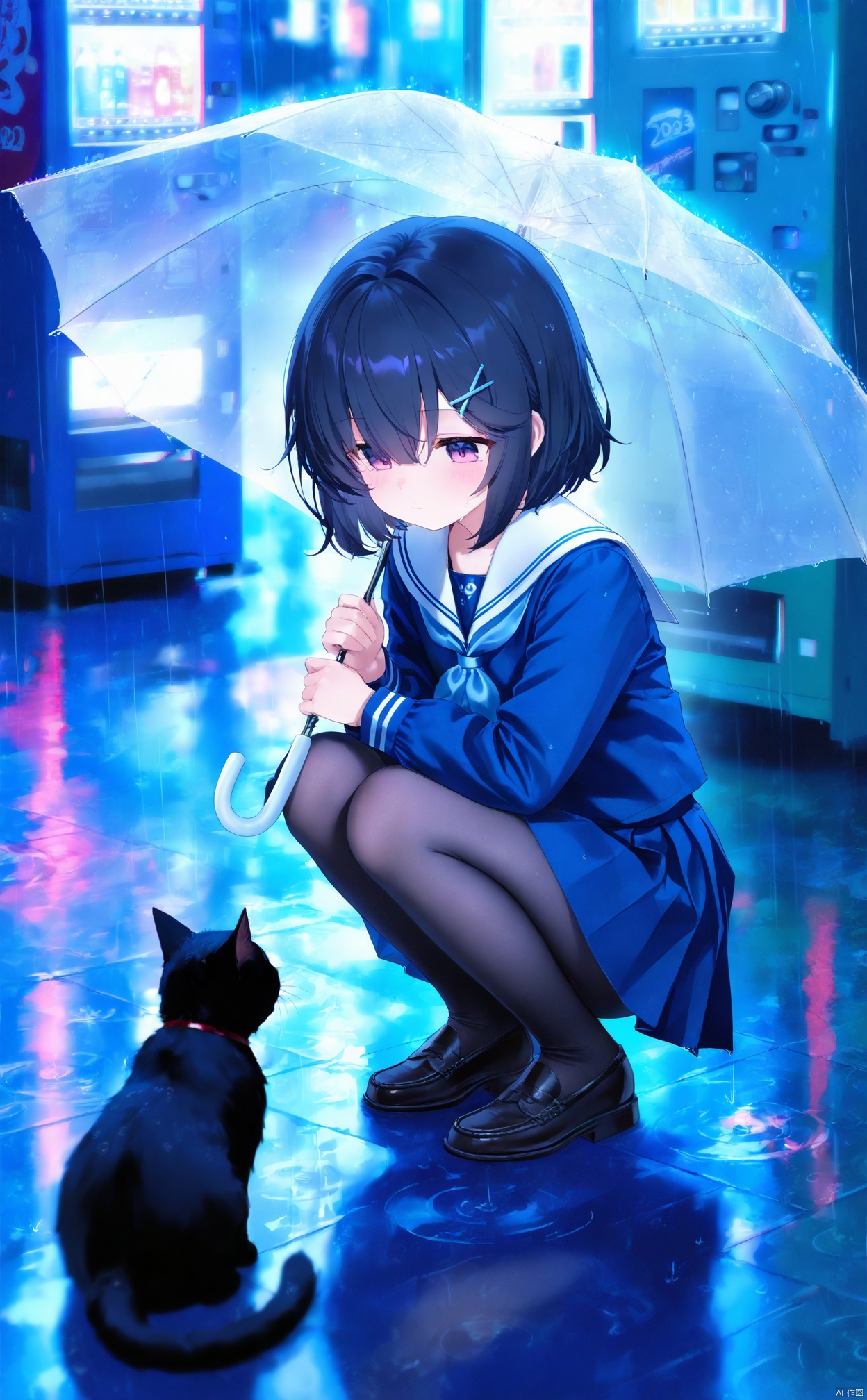 masterpiece,best quality,high quality,loli,chromatic_aberration,Light Blue Theme,
//,
1girl,transparent,school uniform,rain,umbrella,cat,hair ornament,pantyhose,squatting,skirt,transparent umbrella,serafuku,holding,short hair,solo,purple eyes,black footwear,white sailor collar,outdoors,loafers,shoes,hairclip,sailor collar,x hair ornament,long sleeves,neckerchief,black hair,pleated skirt,bangs,holding umbrella,blue shirt,animal,shirt,blue serafuku,closed mouth,hair between eyes,black pantyhose,vending machine,blue skirt,black skirt,,
//,
year_2023,year_2024,
//,
official art,depth of field,detailed light,blurry background,cinematic lighting,ray tracing,
amazing quality,very aesthetic,absurdres,beast quality,ultra detailed,