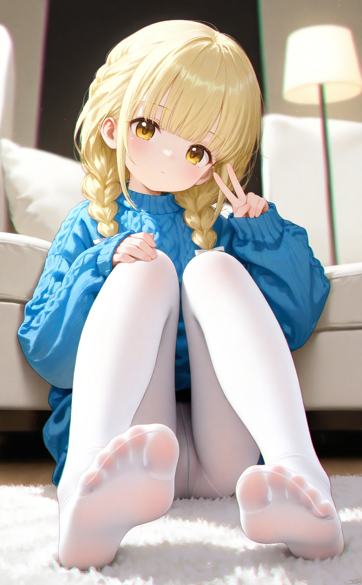 masterpiece,best quality,high quality,loli,chromatic_aberration,Light Blue Theme,
//,
1girl,foot_focus,no_shoes,yellow_eyes,feet,solo,blonde_hair,blue_sweater,braid,soles,sweater,foreshortening,pantyhose,v,sitting,looking_at_viewer,white_pantyhose,toes,long_sleeves,sleeves_past_wrists,indoors,long_hair,cable_knit,closed_mouth,aran_sweater,hair_over_shoulder,hand_up,blush,chromatic_aberration,twin_braids,legs,knees_up,braided_ponytail,puffy_sleeves,puffy_long_sleeves,expressionless,single_braid,presenting_foot,hair_ribbon,on_floor,head_tilt,full_body,carpet,blunt_bangs,sidelocks,ribbon,white_ribbon,see-through_legwear,turtleneck_sweater,turtleneck,hair_bow,
//,
year_2023,year_2024,
//,
official art,depth of field,detailed light,blurry background,cinematic lighting,ray tracing,
amazing quality,very aesthetic,absurdres,beast quality,ultra detailed,