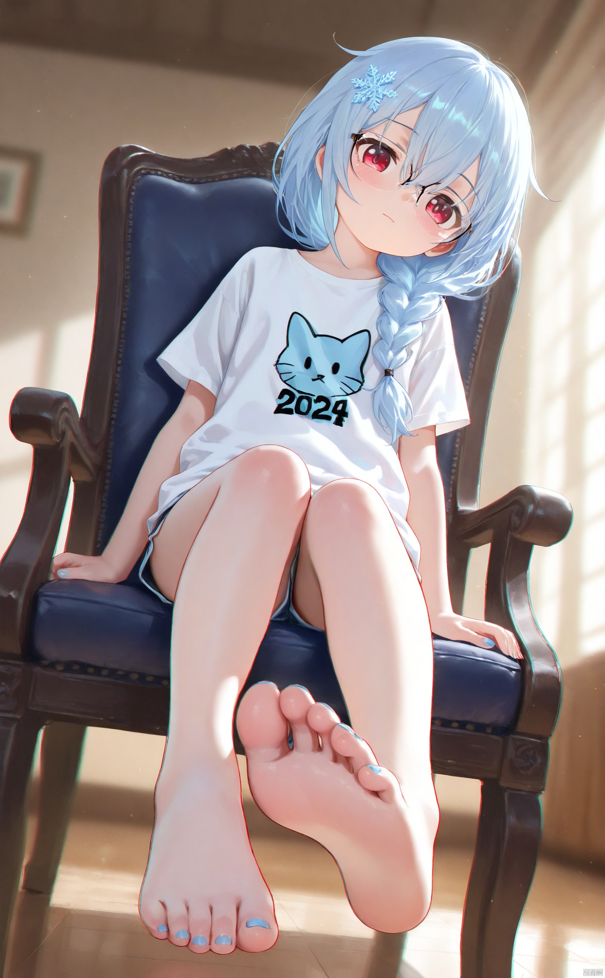 masterpiece,best quality,high quality,loli,chromatic_aberration,Light Blue Theme,
//,
1girl, foot focus, feet, red eyes, barefoot, toes, toenails, solo, nail polish, toenail polish, glasses, blue nails, braid, blue hair, long hair, soles, hair ornament, shirt, looking at viewer, sitting, white shirt, presenting foot, foreshortening, head tilt, closed mouth, snowflake hair ornament, indoors, blurry, on chair, blurry background, braided ponytail, chair, hair between eyes, hair over shoulder, bare legs, single braid, shorts
//,
year_2023,year_2024,
//,
official art,depth of field,detailed light,blurry background,cinematic lighting,ray tracing,
amazing quality,very aesthetic,absurdres,beast quality,ultra detailed,
