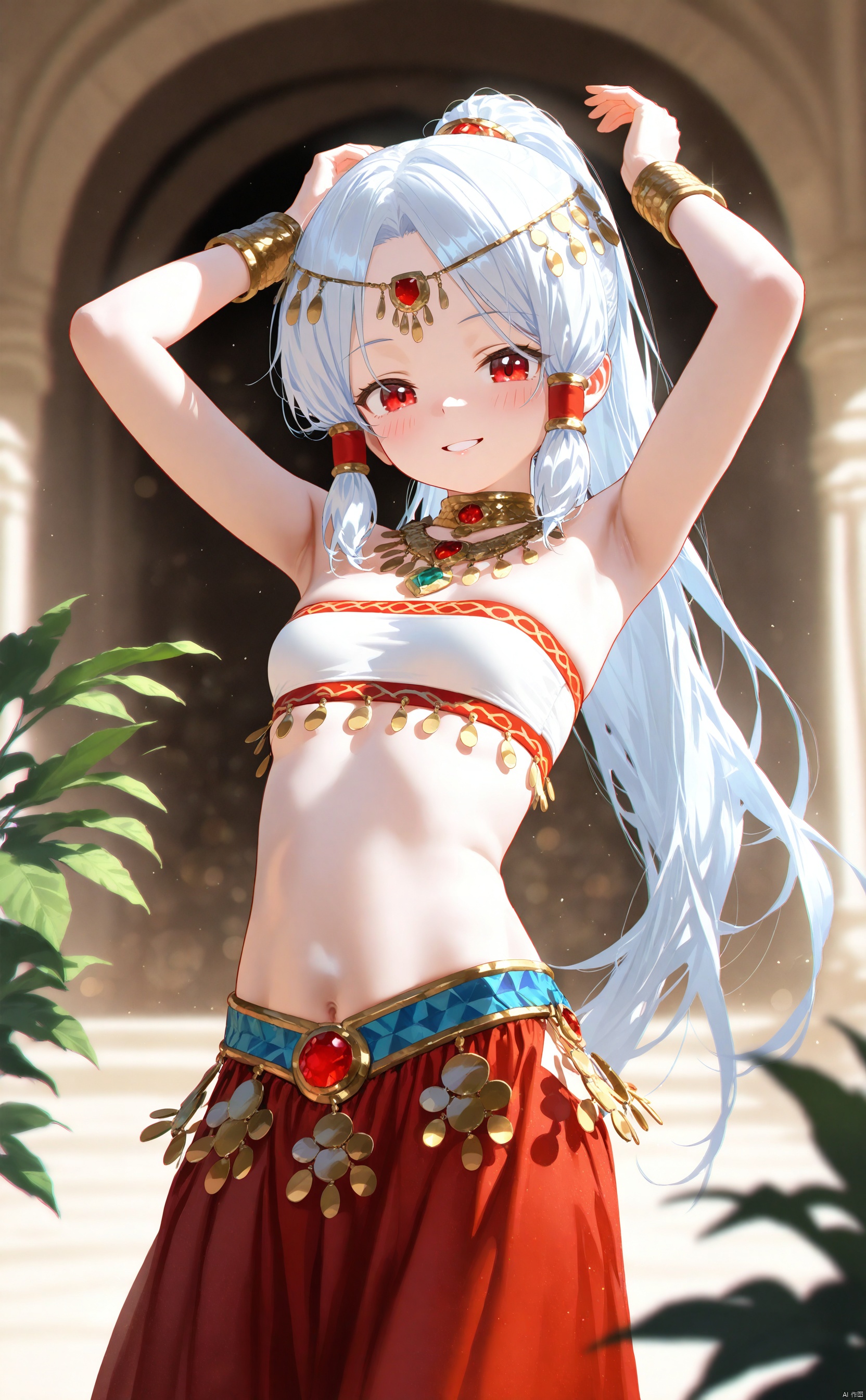 masterpiece,best quality,high quality,loli,chromatic_aberration,Light Blue Theme,
//,
1girl,solo,long hair,white hair,navel,arms up,looking at viewer,blurry,blurry background,smile,armpits,jewelry,breasts,small breasts,red eyes,red skirt,hair ornament,skirt,blush,stomach,standing,bandeau,depth of field,long skirt,dancing,dancer,midriff,parted lips,bare shoulders,bracelet,strapless,indoors,arabian clothes,very long hair,ponytail,grin,neck ring,plant,wrist cuffs,necklace,
//,
year_2023,year_2024,
//,
official art,depth of field,detailed light,blurry background,cinematic lighting,ray tracing,
amazing quality,very aesthetic,absurdres,beast quality,ultra detailed,