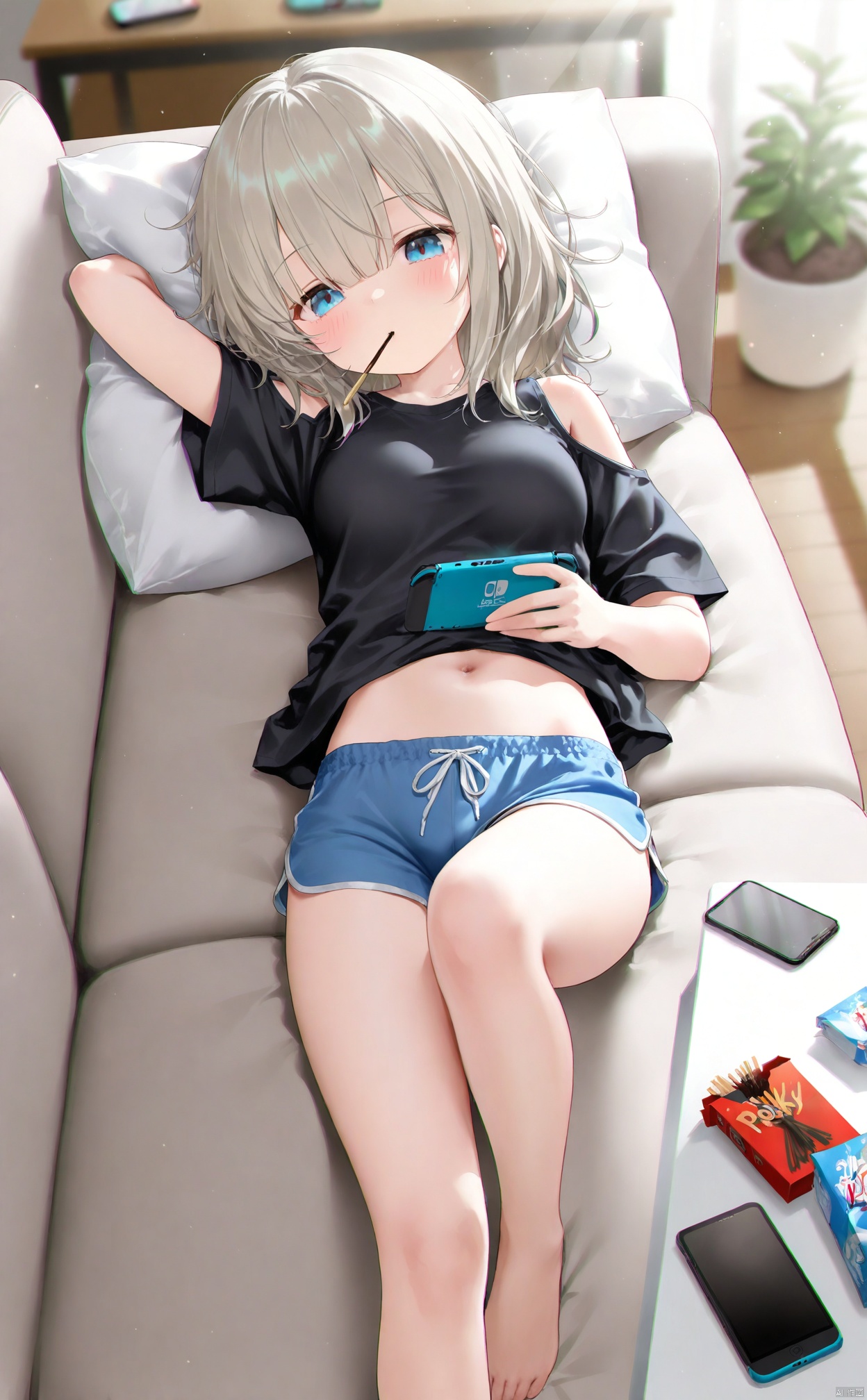masterpiece,best quality,high quality,loli,chromatic_aberration,Light Blue Theme,
//,
loli,1girl, barefoot, solo, phone, navel, shorts, nintendo switch, couch, food, on back, pocky, feet, blue eyes, lying, breasts, cellphone, holding, blue shorts, toes, brown hair, soles, shoulder cutout, indoors, shirt, plant, bare legs, black shirt, short shorts, on couch, dolphin shorts, food in mouth, smartphone, short sleeves, blush, mouth hold, holding phone, clothing cutout, pillow, medium breasts, midriff, sunlight, knee up, arm behind head, medium hair, thighs, table, potted plant, foot out of frame, stomach, hair between eyes
//,
year_2023,year_2024,
//,
official art,depth of field,detailed light,blurry background,cinematic lighting,ray tracing,
amazing quality,very aesthetic,absurdres,beast quality,ultra detailed,silver hair,blunt bangs,