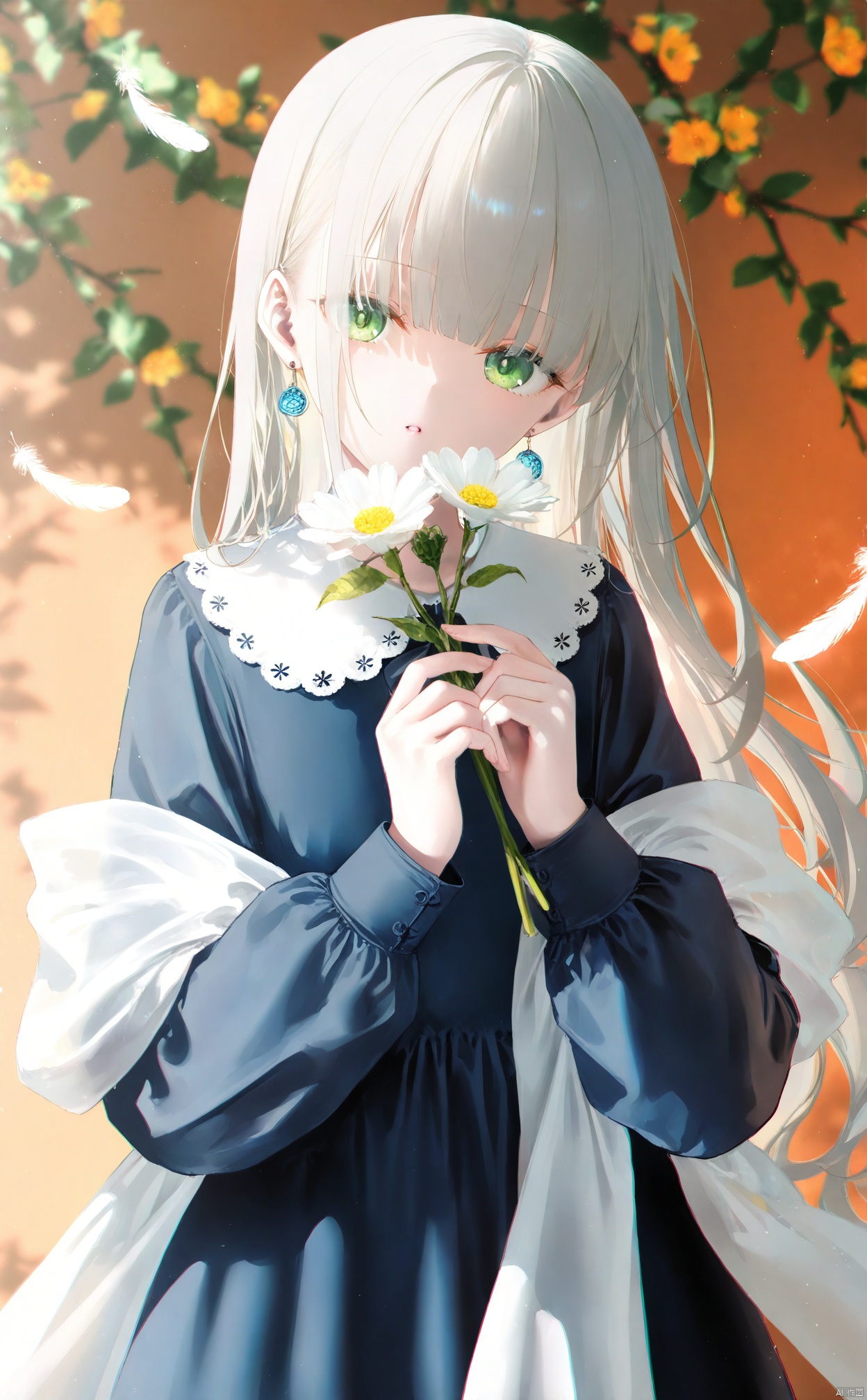 masterpiece,best quality,high quality,loli,chromatic_aberration,Light Blue Theme,
//,
loli,[Artist toosaka asagi],[[[Artist wlop]]],[Artist chen bin],[Artist omone hokoma agm],Artist hiten (hitenkei),1girl,loli,solo,long hair,dress,holding,feathers,looking at viewer,branch,brown hair,long sleeves,parted lips,flower,green eyes,black dress,head tilt,shawl,holding flower,earrings,blue dress,jewelry,cover,

//,
year_2023,year_2024,
//,
official art,depth of field,detailed light,blurry background,cinematic lighting,ray tracing,
amazing quality,very aesthetic,absurdres,beast quality,ultra detailed,silver hair,blunt bangs,