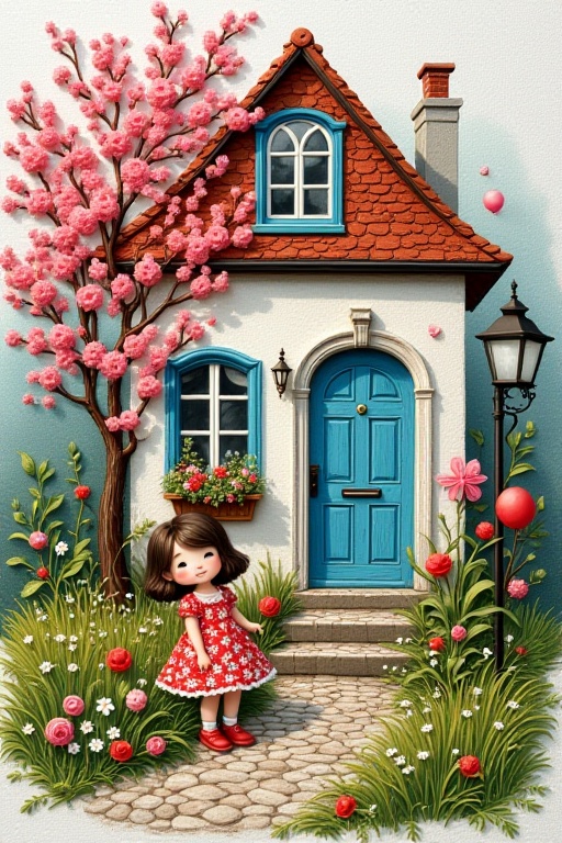 Create an ultra-high-resolution image of a beautifully embroidered piece of fabric in the shape of a quaint house. The emb...