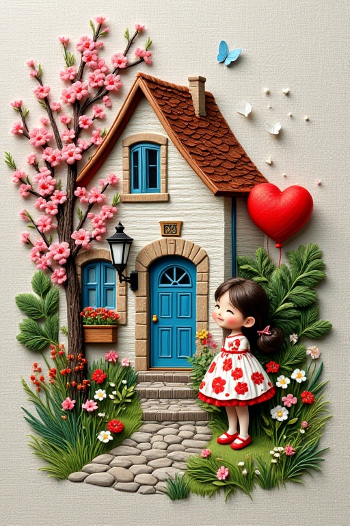 Create an ultra-high-resolution image of a beautifully embroidered piece of fabric in the shape of a quaint house. The emb...