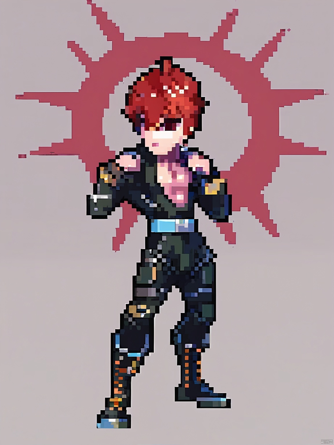 XSFG, In a snug-fitting leather jumpsuit and combat boots, he stands with a martial arts stance. Hi spikes up, and the white background underscores his athletic prowess.