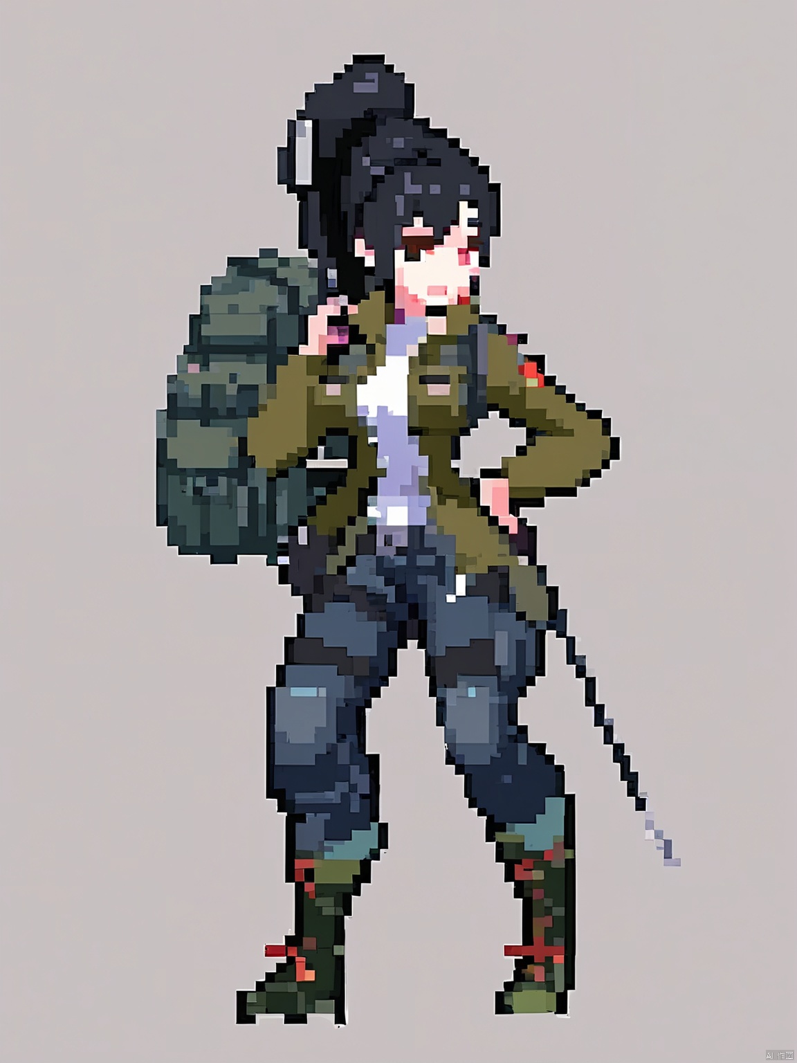 XSFG, Wearing a military-style jacket with numerous pockets, cargo pants, and sturdy hiking boots, she stands ready for action. Her black hair is tied back in a practical ponytail, and the white background emphasizes her readiness.