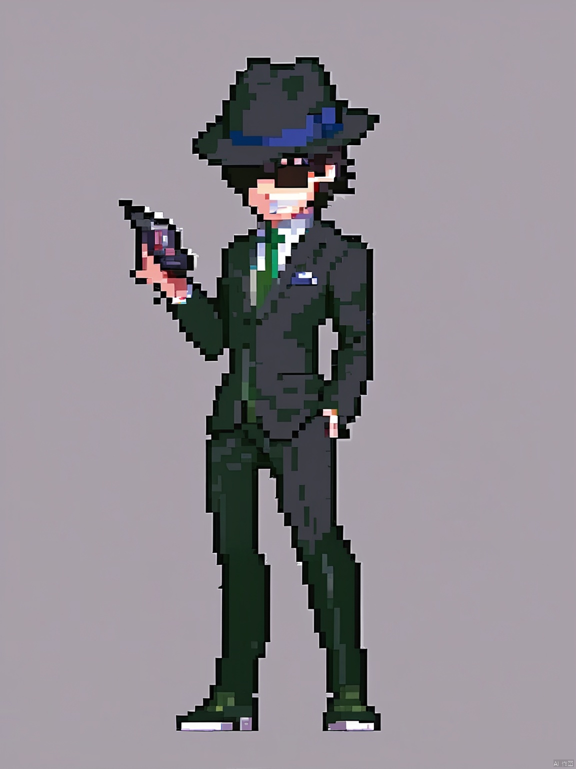 XSFG, A pixel-style picture,The background is simple white,Wearing shoes that go with the outfit, Spy in sleek suit, gadgets concealed. Sharp eyes hidden behind sunglasses, fedora slightly askew, dark hair neatly combed, face almost expressionless, cunning grin.