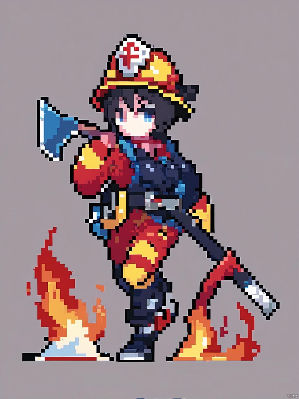 XSFG, A pixel-style picture,The background is simple white,Wearing shoes that go with the outfit, Firefighter in protective gear, gripping a fire axe. Resolute blue eyes, helmet tilted, short hair damp with sweat, soot stains from rescues, a determined gaze.