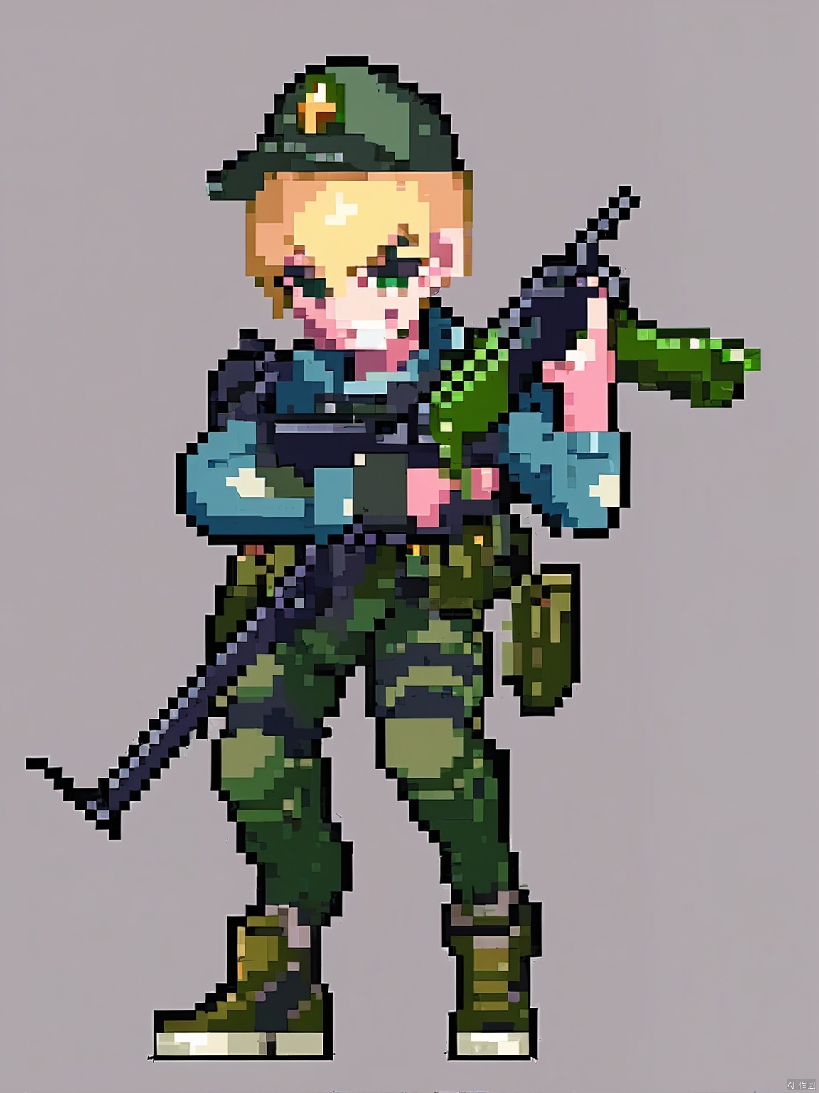 XSFG, A pixel-style picture,The background is simple white,Wearing shoes that go with the outfit, Mercenary in tactical gear, rifle slung. Sharp green eyes, cap askew, buzz-cut blonde hair, face scarred by war, ruthless grin promising victory at any cost.