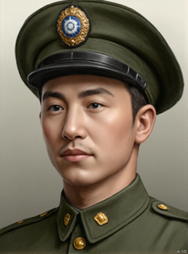 solo, looking at viewer, black hair, 1boy, hat, closed mouth, male focus, uniform, black eyes, military, military uniform, portrait, peaked cap, military hat, realistic, green headwear, mustache