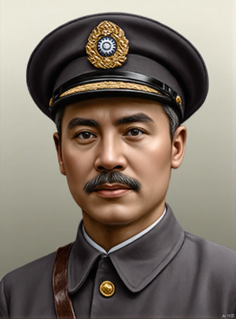 solo, looking at viewer, 1boy, hat, grey hair, male focus, necktie, uniform, military, military uniform, facial hair, peaked cap, military hat, realistic, mustache