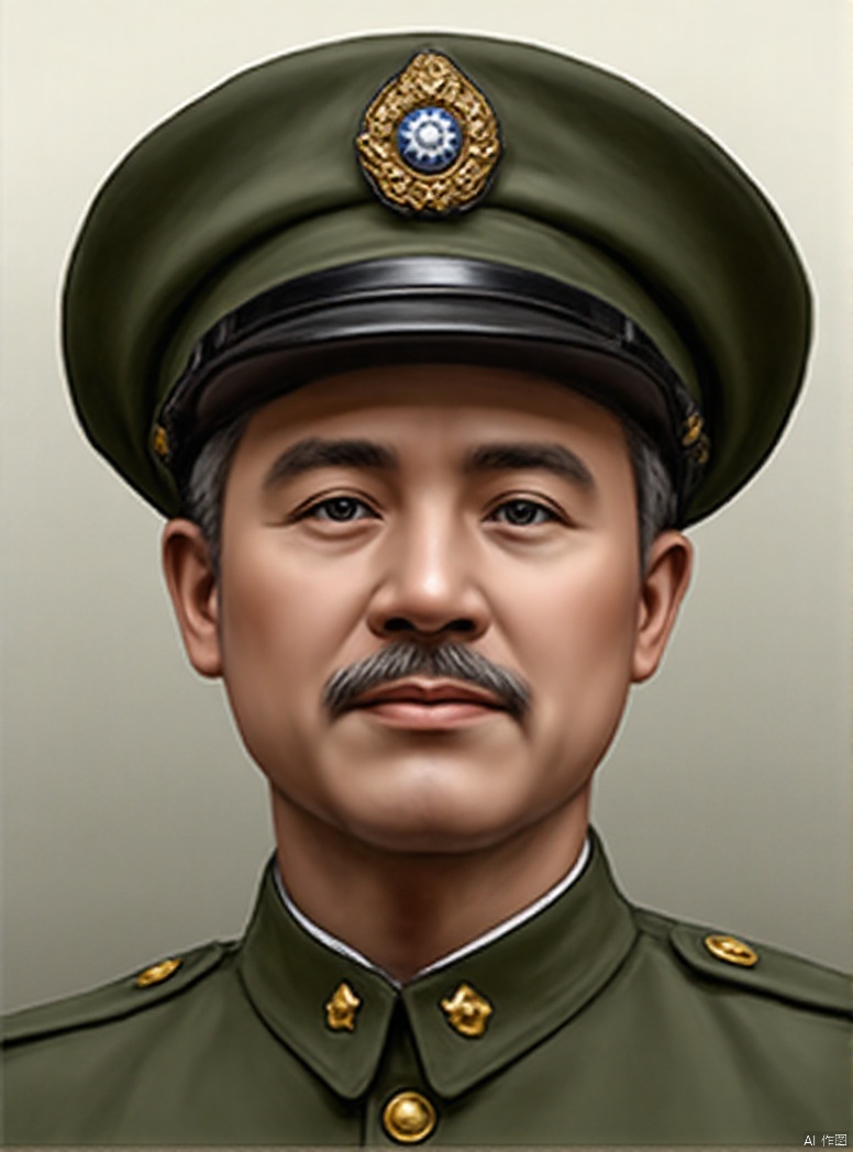 solo, looking at viewer, 1boy, hat, grey hair, male focus, necktie, uniform, military, military uniform, facial hair, peaked cap, military hat, realistic, mustache