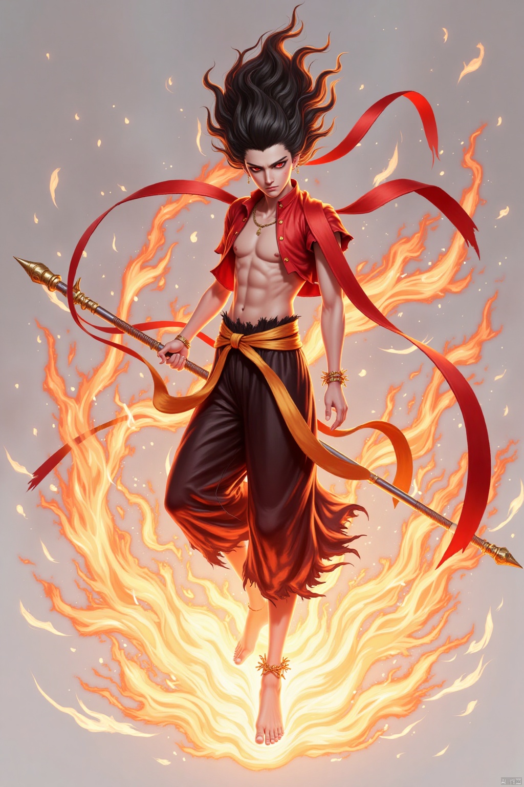 solo, black hair, red eyes, 1boy, holding, jewelry, full body, weapon, male focus, barefoot, bracelet, abs, fire, polearm, staff