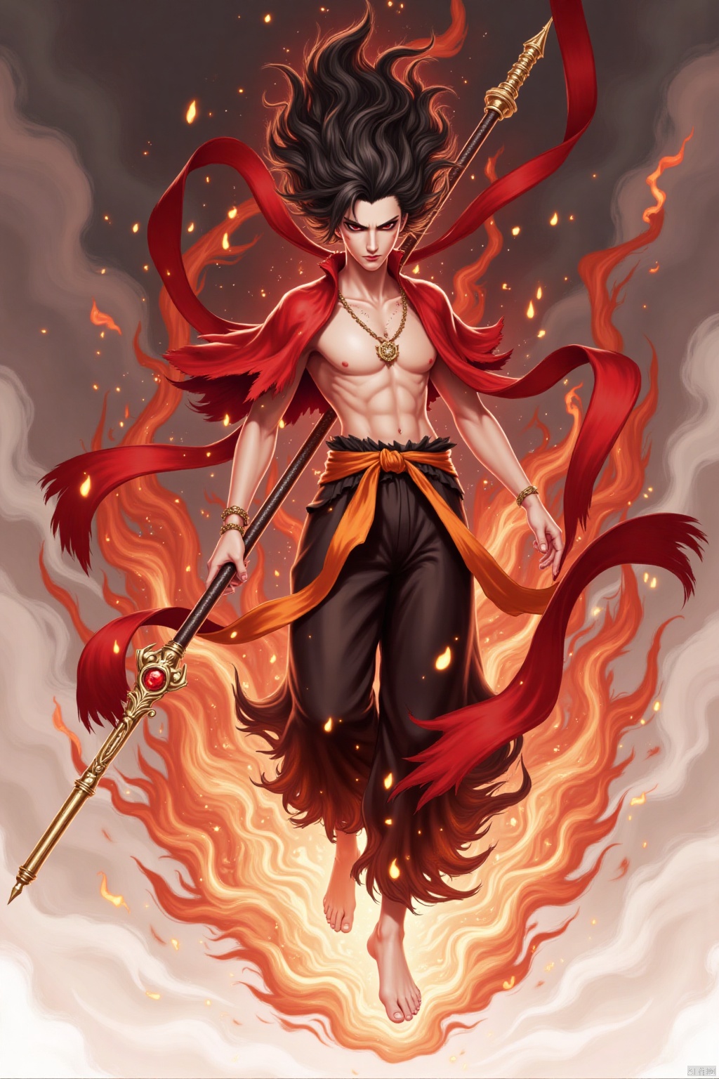 solo, black hair, red eyes, 1boy, holding, jewelry, full body, weapon, male focus, barefoot, bracelet, abs, fire, polearm, staff