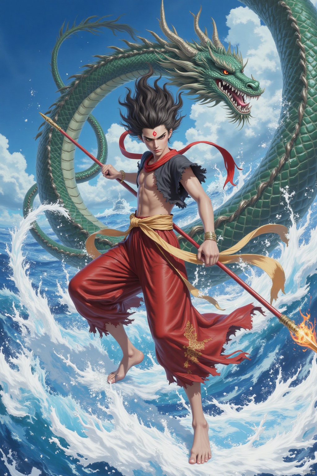 solo, 1boy, weapon, male focus, water, fire, polearm, spear, dragon, waves, eastern dragon,,Nezha,forehead mark
