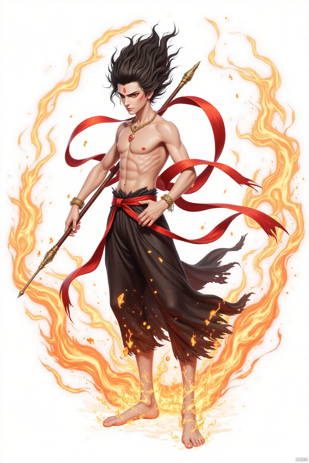solo, black hair, red eyes, 1boy, holding, jewelry, full body, weapon, male focus, barefoot, bracelet, abs, fire, polearm, staff,forehead mark,