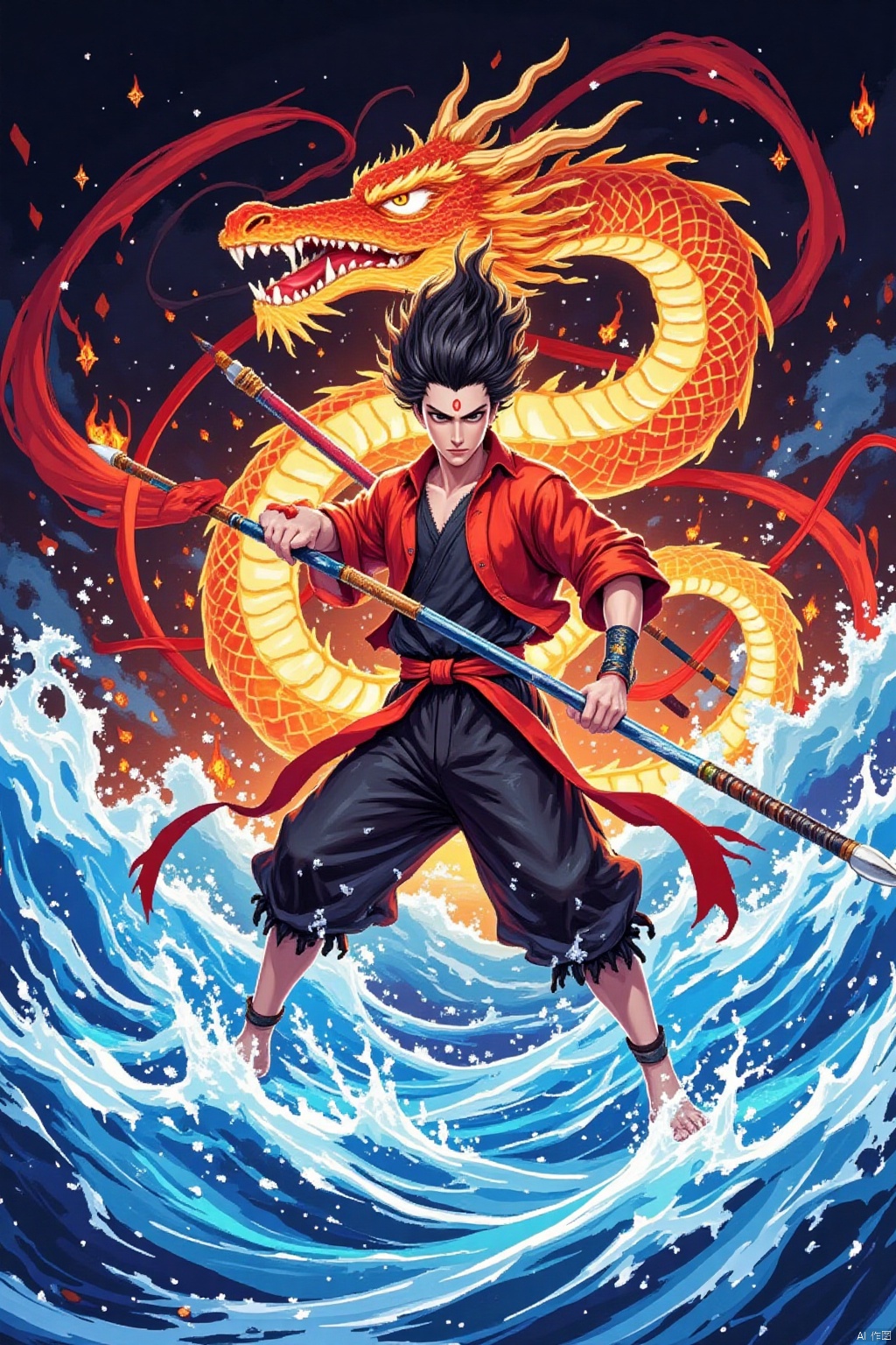 solo, 1boy, weapon, male focus, water, fire, polearm, spear, dragon, waves, eastern dragon,,Nezha,forehead mark,pixel style,Pixel art style