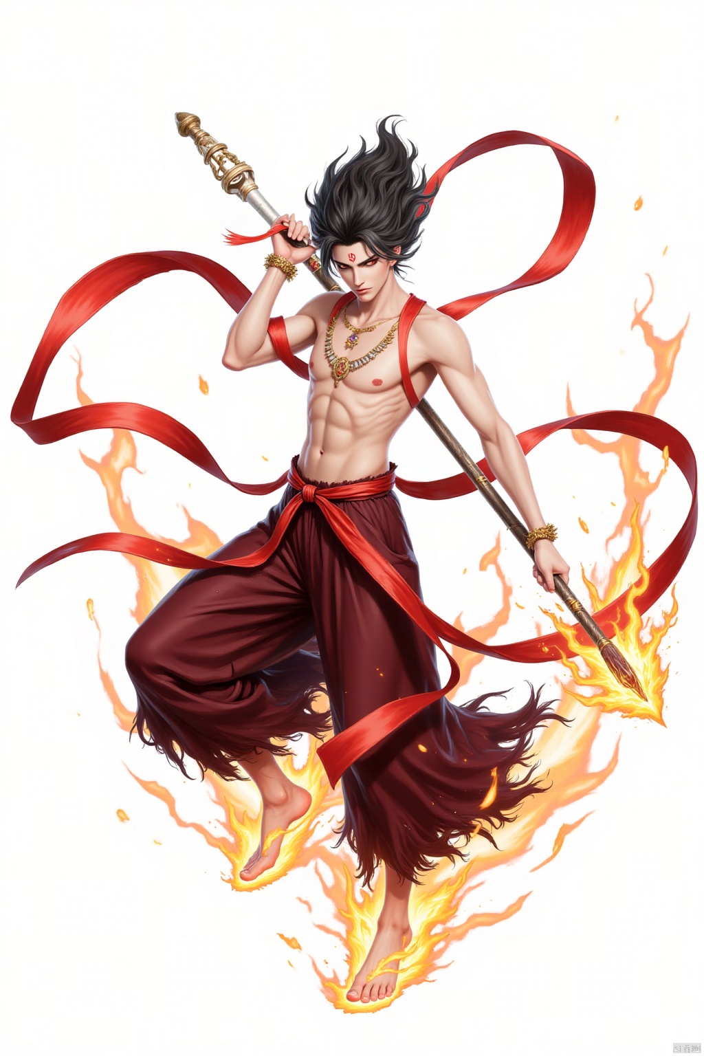 solo, black hair, red eyes, 1boy, holding, jewelry, full body, weapon, male focus, barefoot, bracelet, abs, fire, polearm, staff,forehead mark,,Nezha,forehead mark