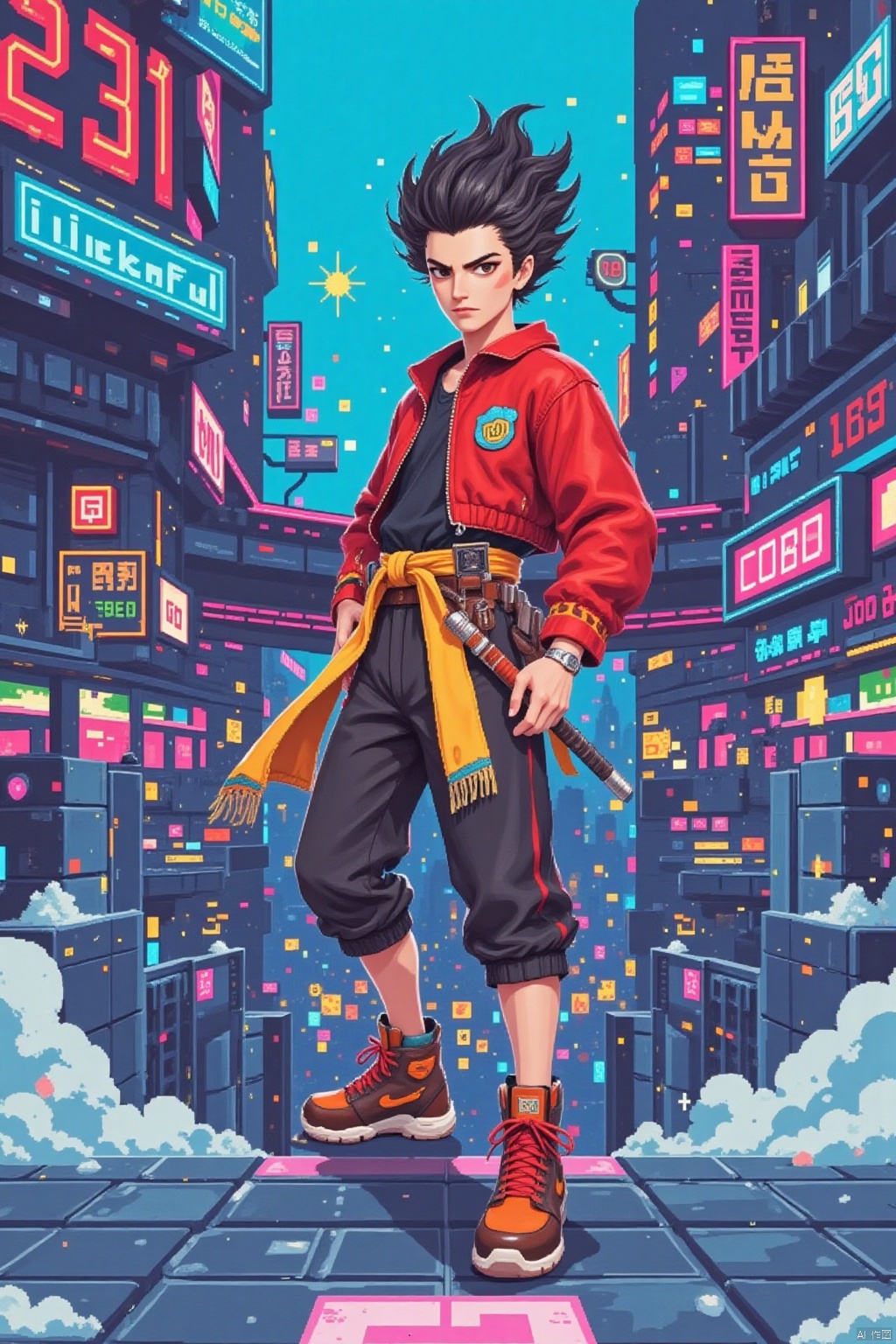 solo,  1boy, Nezha,forehead markk,pixel style,Pixel art style