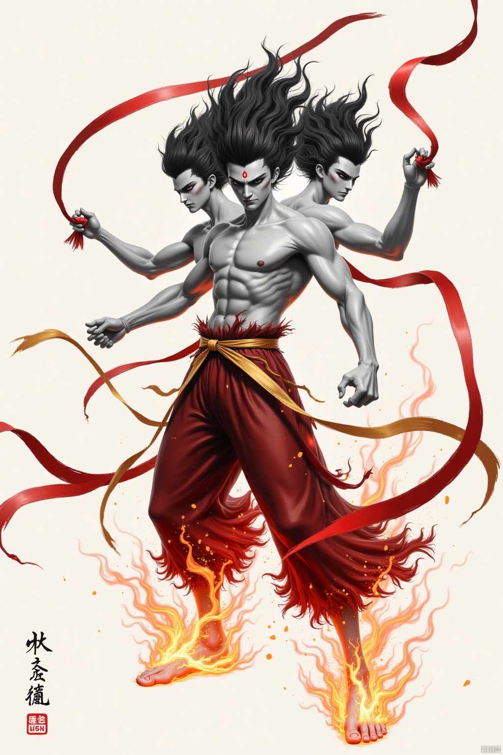 Tri-headed warrior in fiery turmoil: A digital masterpiece evoking Chinese black-and-white ink painting's essence. Muscular, shirtless figure with spiky black hair, three heads bearing distinct expressions, and six arms flexed in dynamic pose. Tattered red trousers and sash contrast with flames erupting from beneath his feet. Red ribbons dance around him, as high-contrast shadows and delicate texture evoke ancient ink-wash techniques. Clear lines define the subject's intense vitality.,Nezha,forehead mark