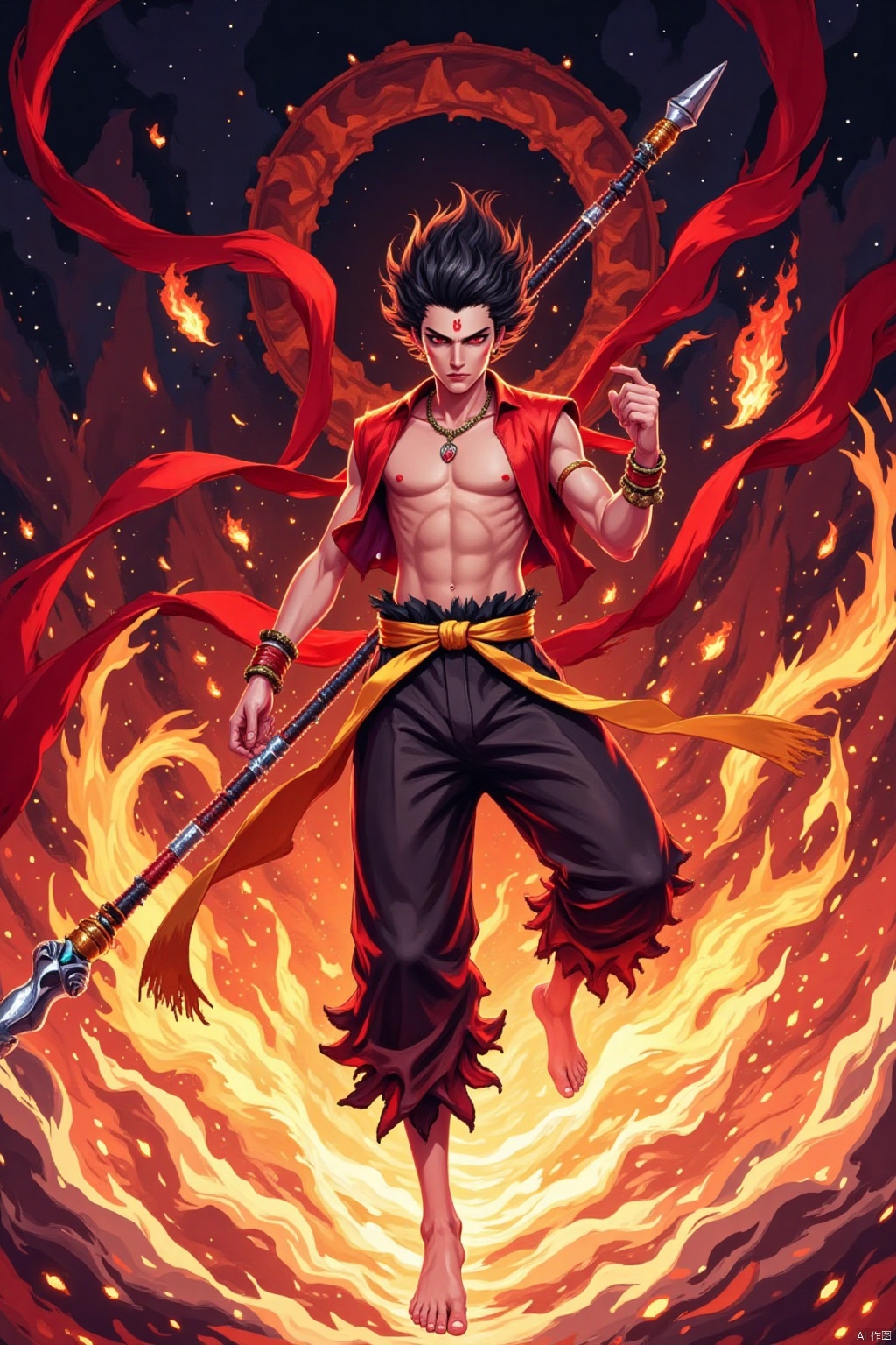 solo,  1boy, Nezha,forehead mark,pixel style,Pixel art style,solo, black hair, red eyes, 1boy, holding, jewelry, full body, weapon, male focus, barefoot, bracelet, abs, fire, polearm, staff