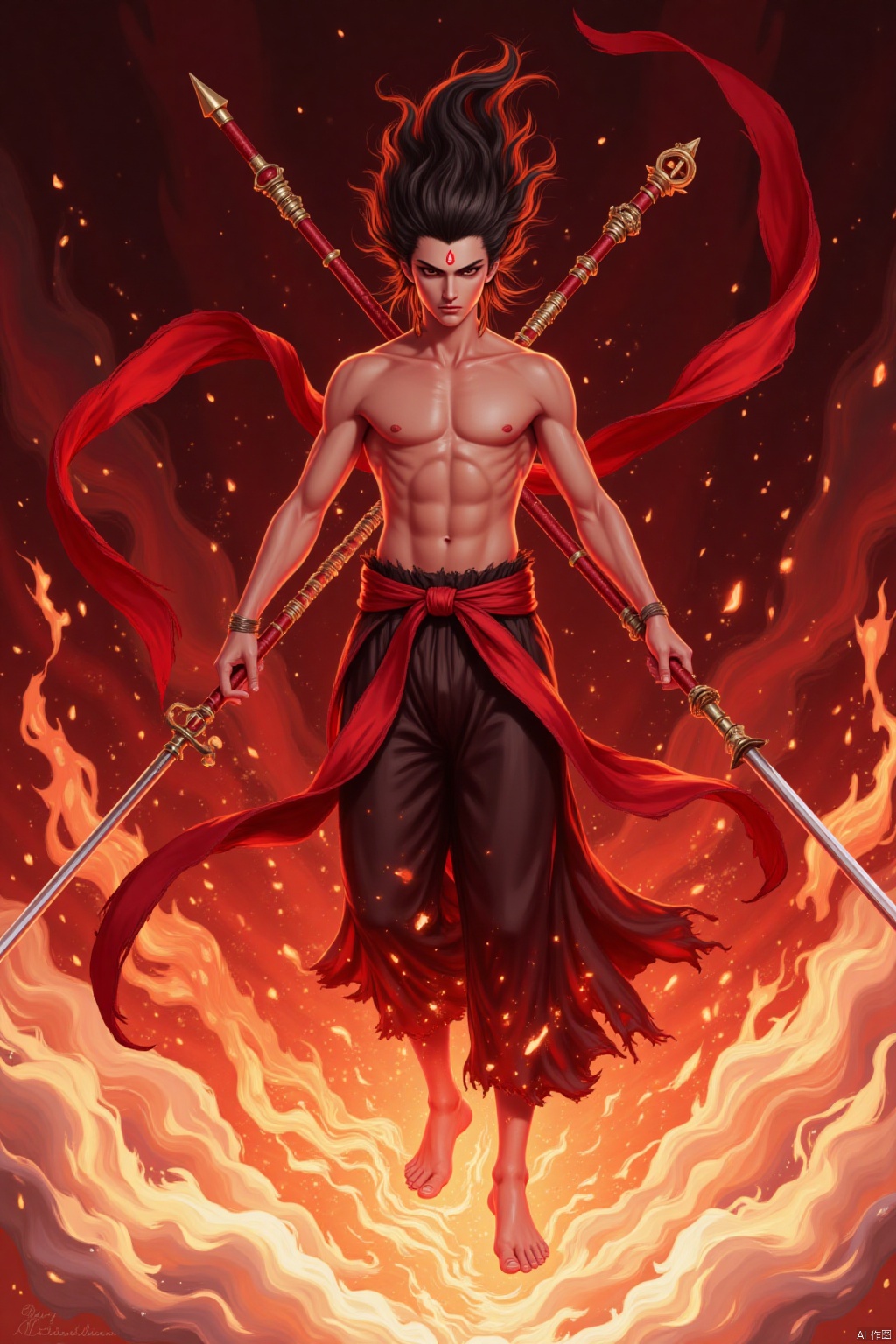 solo, long hair, black hair, 1boy, holding, weapon, male focus, barefoot, sword, holding weapon, fire, polearm, topless male, spear, red theme, burning,,Nezha,forehead mark