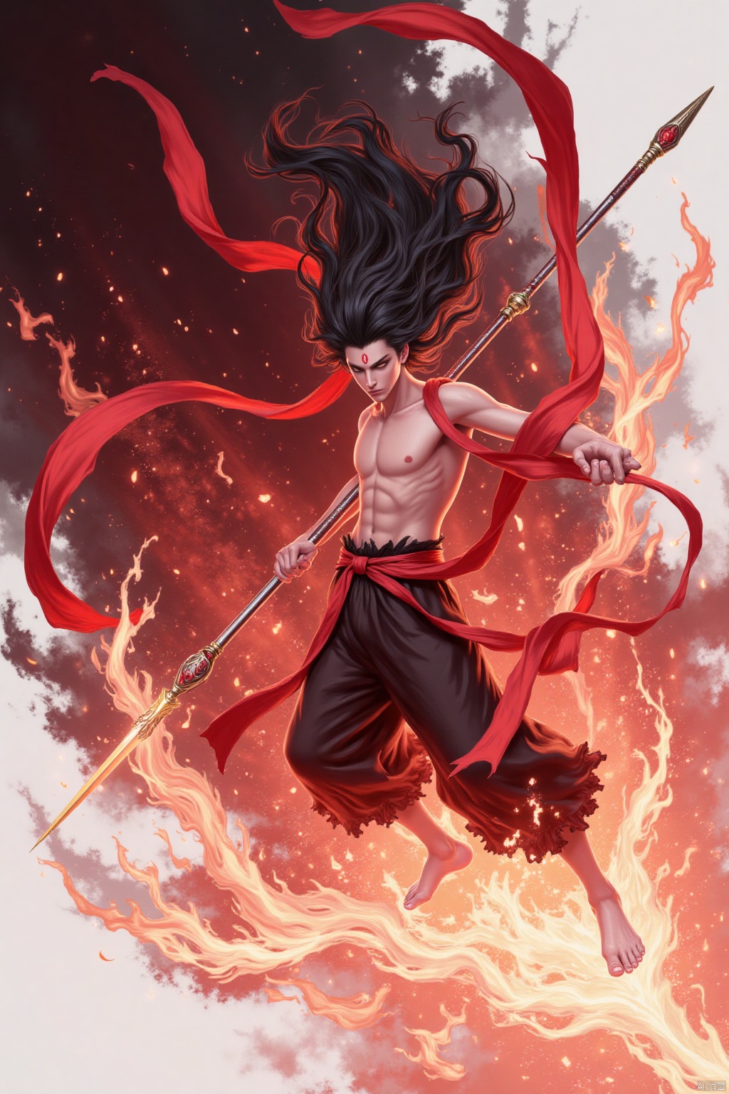 solo, long hair, black hair, 1boy, holding, weapon, male focus, barefoot, sword, holding weapon, fire, polearm, topless male, spear, red theme, burning,,Nezha,forehead mark