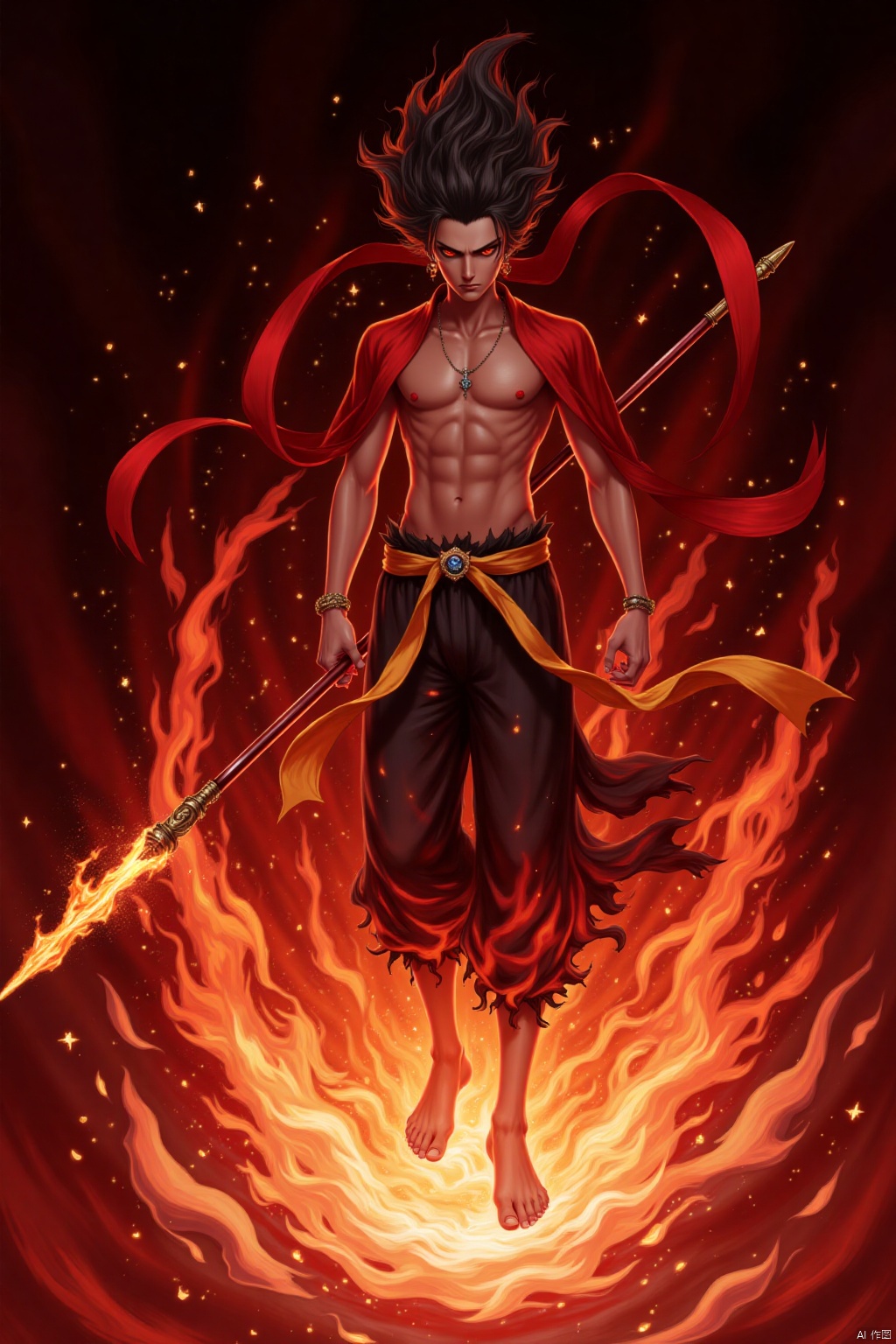 solo, black hair, red eyes, 1boy, holding, jewelry, full body, weapon, male focus, barefoot, bracelet, abs, fire, polearm, staff
