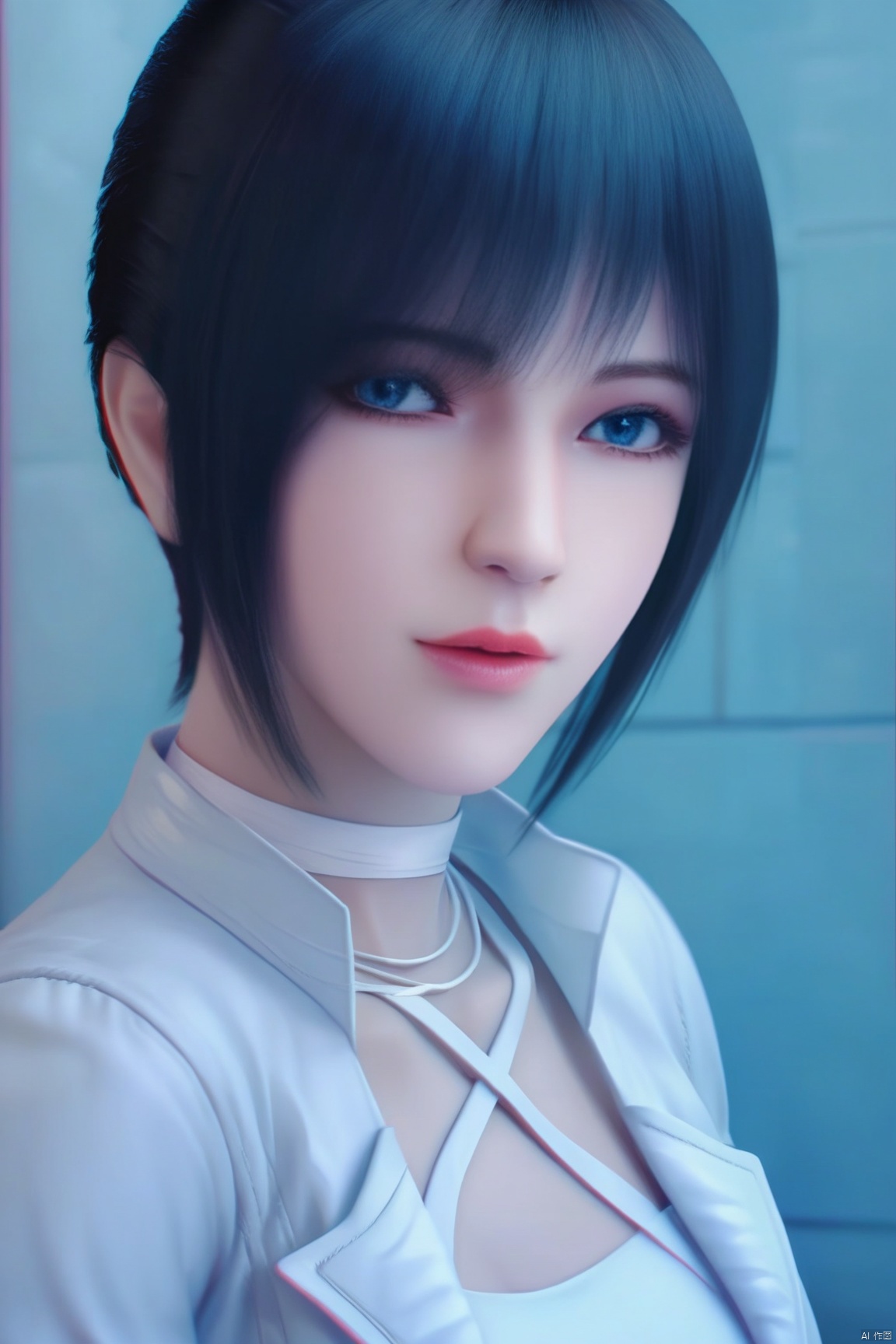 score_9, score_8_up, score_7_up,highly detailed digital,CG,1girl, solo, looking at viewer, short hair, blue eyes, black hair, jacket, upper body, choker, lips, realistic, white choker