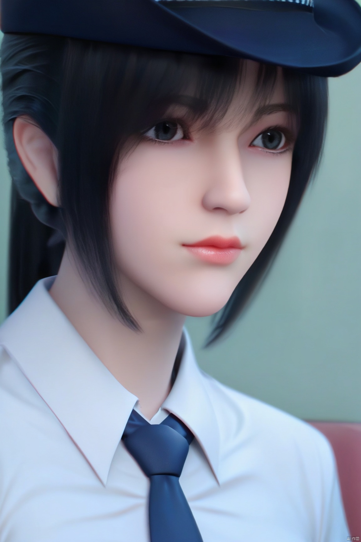 score_9, score_8_up, score_7_up,highly detailed digital,CG,1girl, solo, shirt, black hair, hat, closed mouth, white shirt, upper body, necktie, collared shirt, uniform, black eyes, lips, blue necktie, realistic,hat