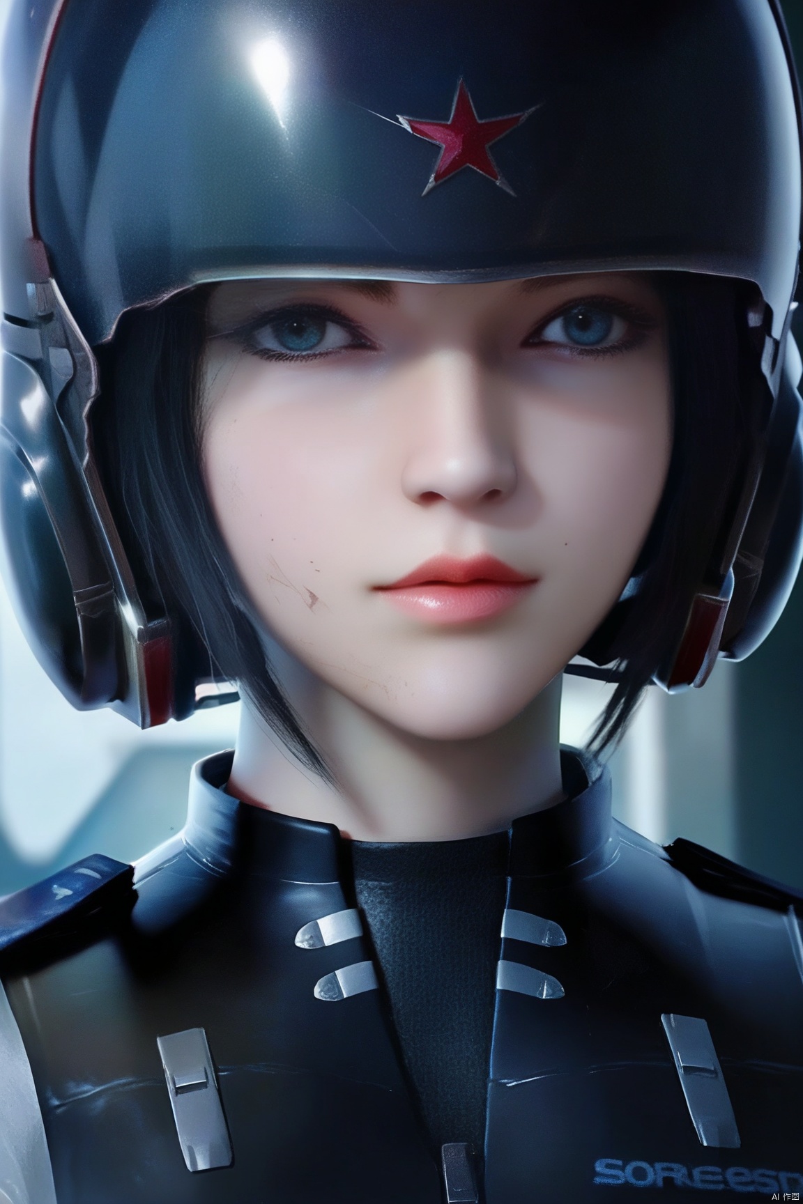 score_9, score_8_up, score_7_up,highly detailed digital,CG,1girl, solo, looking at viewer, short hair, blue eyes, black hair, upper body, uniform, lips, helmet, science fiction, realistic, pilot