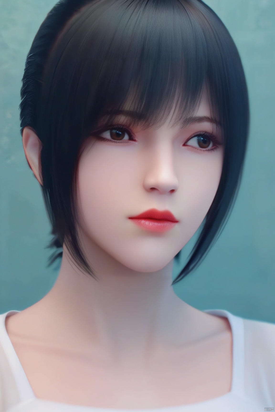 score_9, score_8_up, score_7_up,highly detailed digital,CG,1girl, solo, short hair, bangs, black hair, brown eyes, upper body, black eyes, lips, looking to the side, looking away, portrait, realistic, red lips