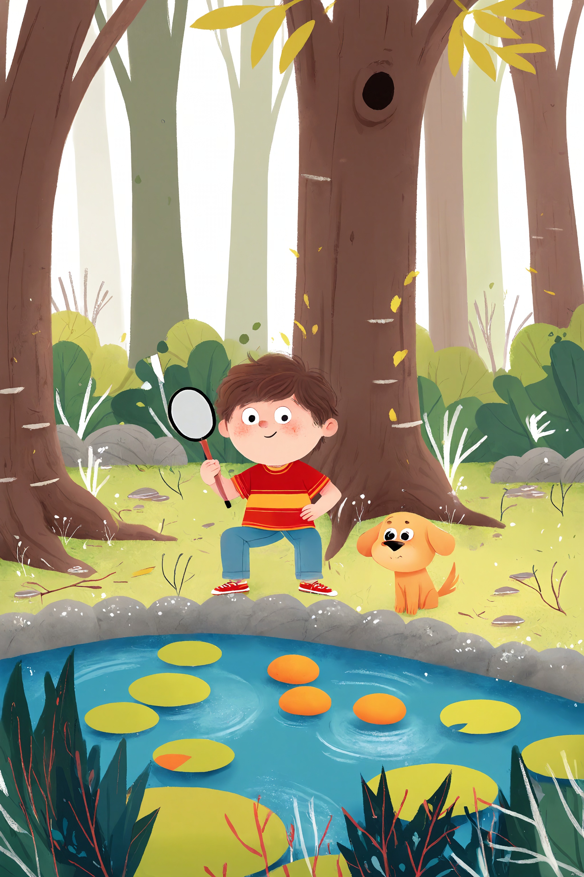 An animated cartoon of a boy in a red shirt and blue pants holding a tennis racket. The boy is standing in front of a pond that is filled with water. There is a small brown dog sitting on the ground in the middle of the pond. There are trees on the left and right side of the image. The trees have leaves on them. The leaves are orange and yellow.