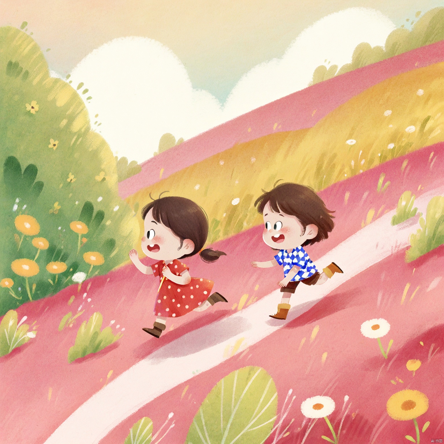 a cartoon drawing of a girl and a boy are running on a red

pink

and yellow field. The girl is wearing a blue and white checkered shirt

and brown boots. Her brown hair is tied up in a ponytail

and she is waving her hand in the air. The boy is dressed in a red polka dot dress

and he has short brown hair. He is running to the left of the girl

while the girl is in the middle of the field

with her arms outstretched. The field is dotted with yellow flowers

and the sky is a light blue with white clouds.

