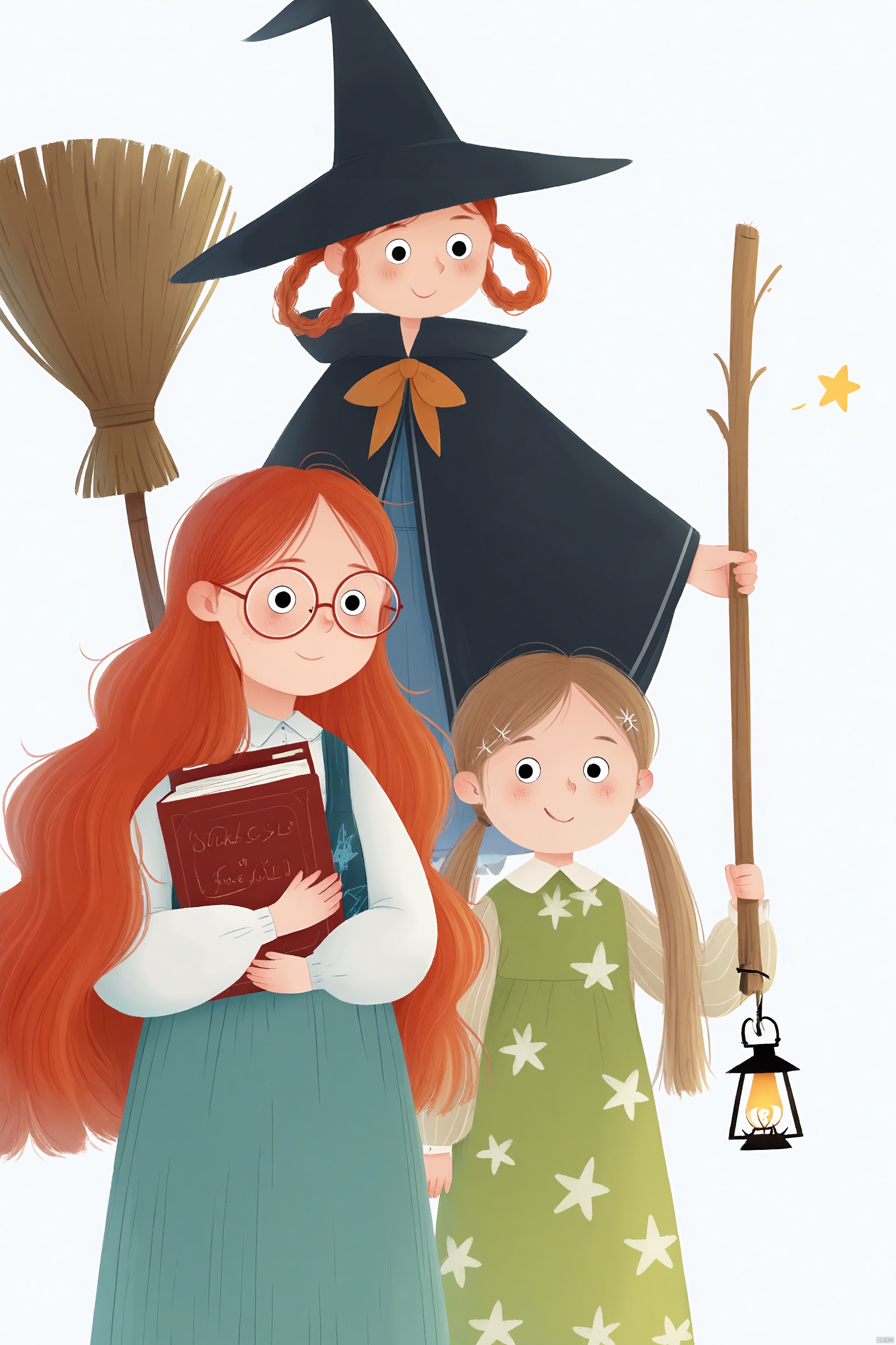 The image depicts two cartoon characters. On the left

there is a girl with brown hair styled in pigtails

wearing red glasses and a green dress with white star patterns. She is holding a large red book close to her chest. On the right

there is a girl with long red hair

wearing a blue dress with a black cloak and a black witch hat. She is holding a broomstick in her right hand and a small lantern in her left hand. Both characters are standing against a plain white background.