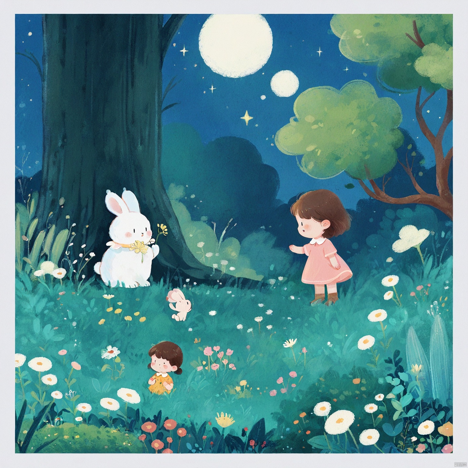 a medium-sized painting features a white rabbit in the middle of a lush green field. The rabbit is adorned with a few small white flowers

adding a touch of color to the scene. To the left of the rabbit

a small child with brown hair and a pink dress is standing in a field of tall green plants. The background is a deep blue

with white stars dotting the night sky. In the upper right corner of the frame

a tall tree is visible.

