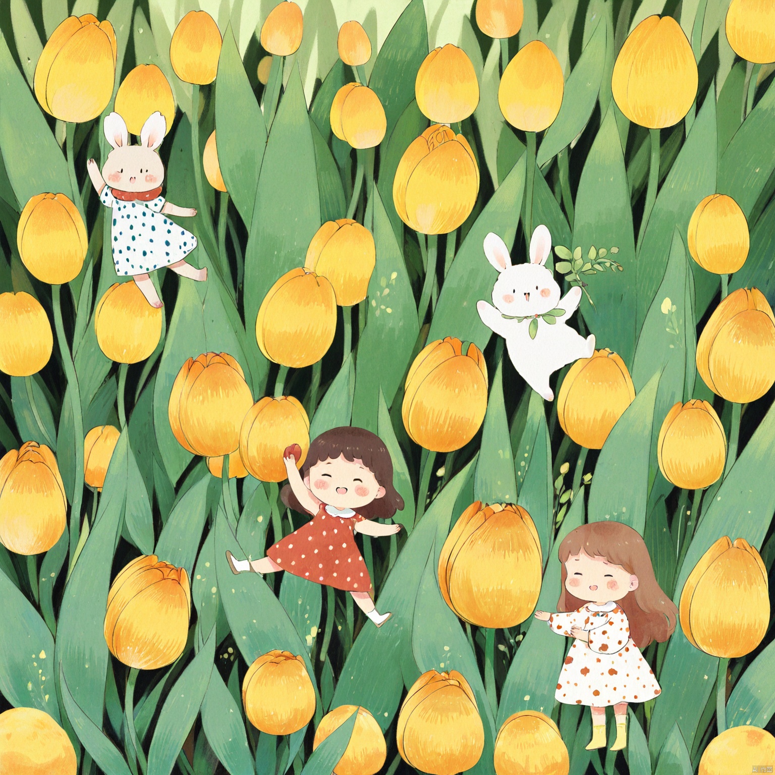 Captured in a cartoonish painting

a girl in a polka dot dress is standing in a field of yellow tulips

her arms stretched out in front of her. Her hair is brown and she is holding a red bat in her right hand. Her left hand is raised in the air

while her right arm is stretched out to the side. Her right hand is positioned in the middle of the tulips. The tulips are surrounded by green leaves

their leaves are a vibrant shade of green. A white rabbit is standing on the right side of the image

its white and brown in color.