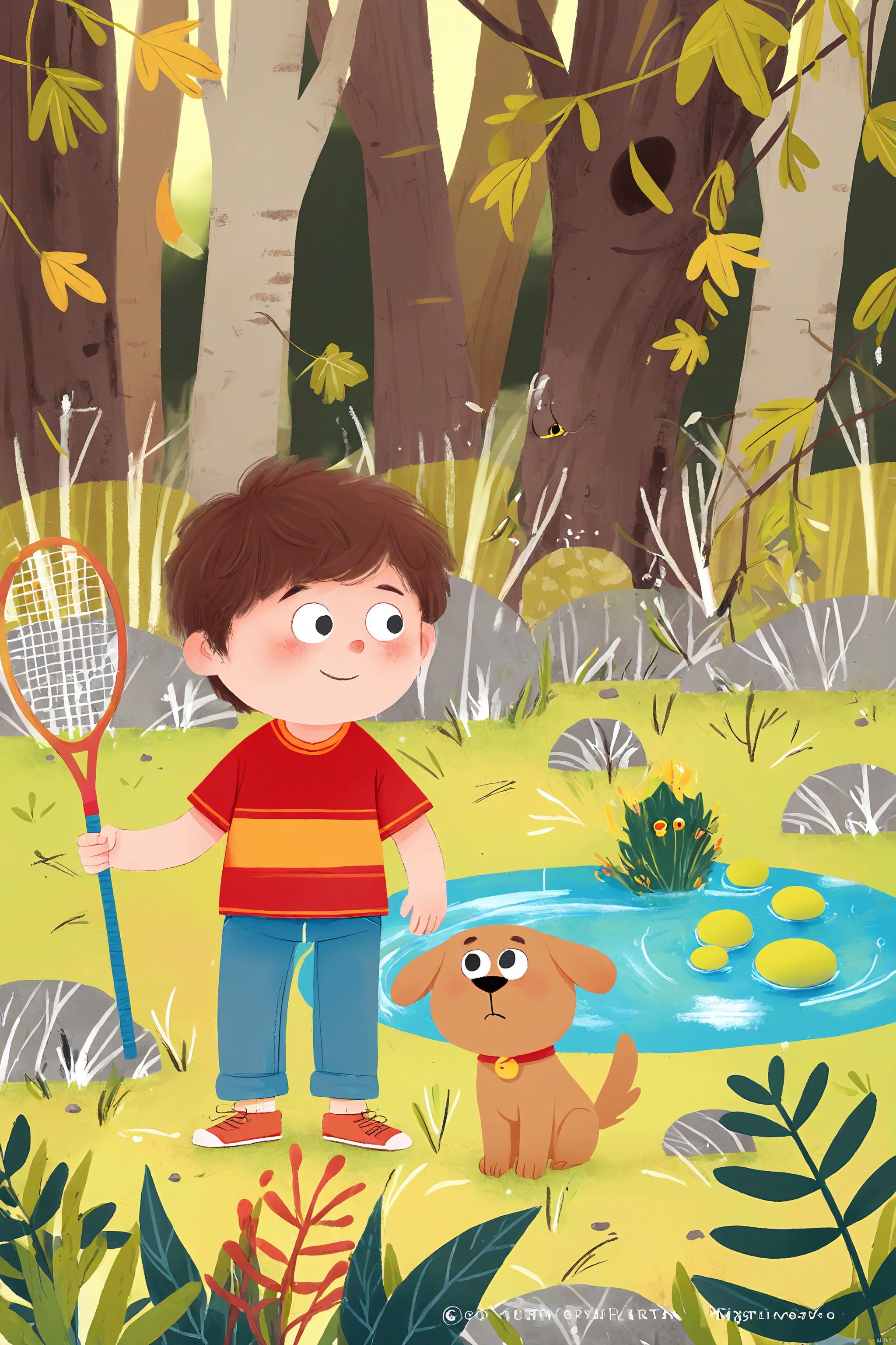An animated cartoon of a boy in a red shirt and blue pants holding a tennis racket. The boy is standing in front of a pond that is filled with water. There is a small brown dog sitting on the ground in the middle of the pond. There are trees on the left and right side of the image. The trees have leaves on them. The leaves are orange and yellow.