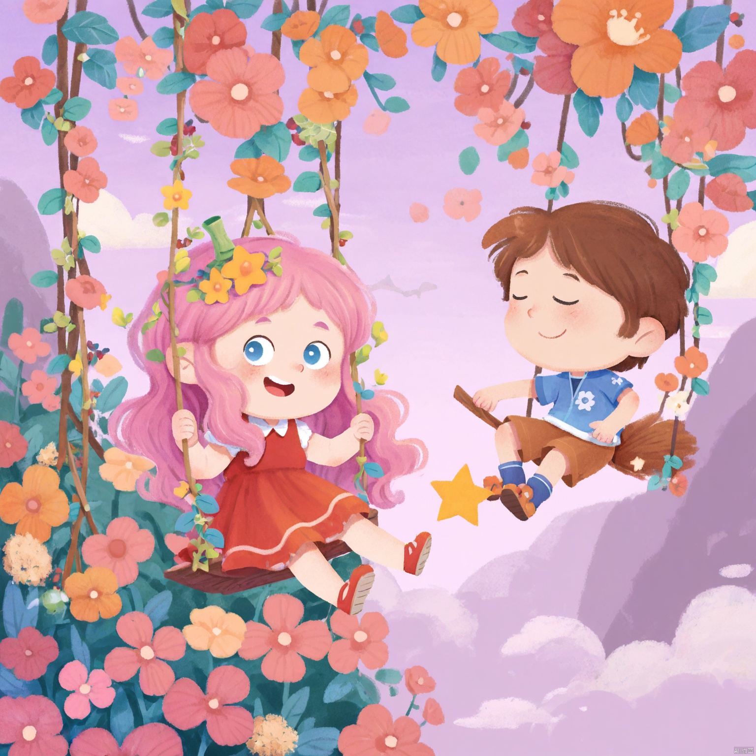 An animated scene of a girl with long pink hair flying a broomstick. She is wearing a red dress with yellow flowers on her head. There is a yellow star in the middle of the image. To the right of the girl is a boy in a swing. The boy has brown hair and a blue shirt with a green hat on his head. The girl is holding a stick in her right hand. There are pink and orange flowers on the right side of the swing.