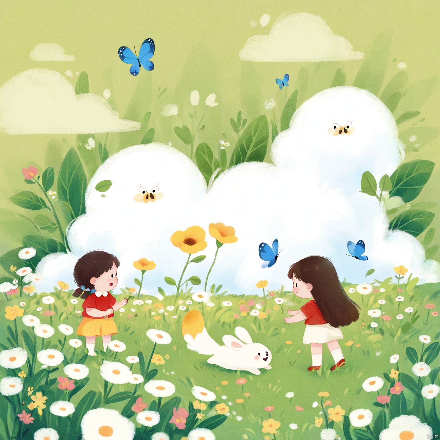 An animated image of three little girls standing in a field of flowers. The flowers are green and yellow and are surrounded by green leaves. There is a large white fluffy cloud in the top left corner of the image. There are two small blue butterflies on the right side of the cloud. The cloud is white and fluffy. The girl on the left is wearing a red shirt and has brown hair.