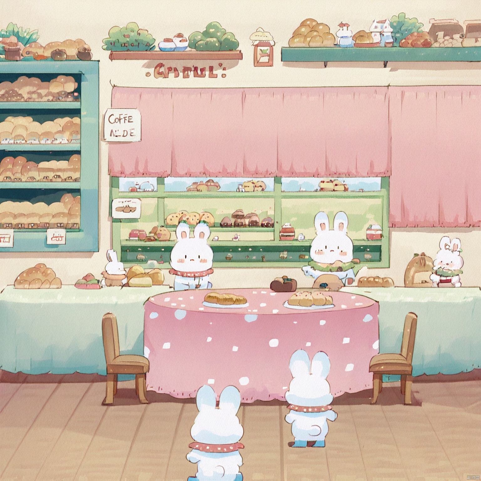 Captured in a cartoon-like scene

the interior of a restaurant is displayed on a light-colored wooden floor. The walls are adorned with green shelves

each filled with a variety of food items

including breads

crockery

and coffee. Adjacent to the green shelves is a window with a pink curtain

adorned with white polka dots. Two women are seated at a small round table with a red tablecloth. Two white bunnies are standing in front of the table

adding a pop of color to the scene. A white rabbit is standing on the left side of the image

while a white rabbit sits on the right side. A pink tablecloth is draped over the table. A sign with the word "Coffee" is on the wall

adding to the overall composition.