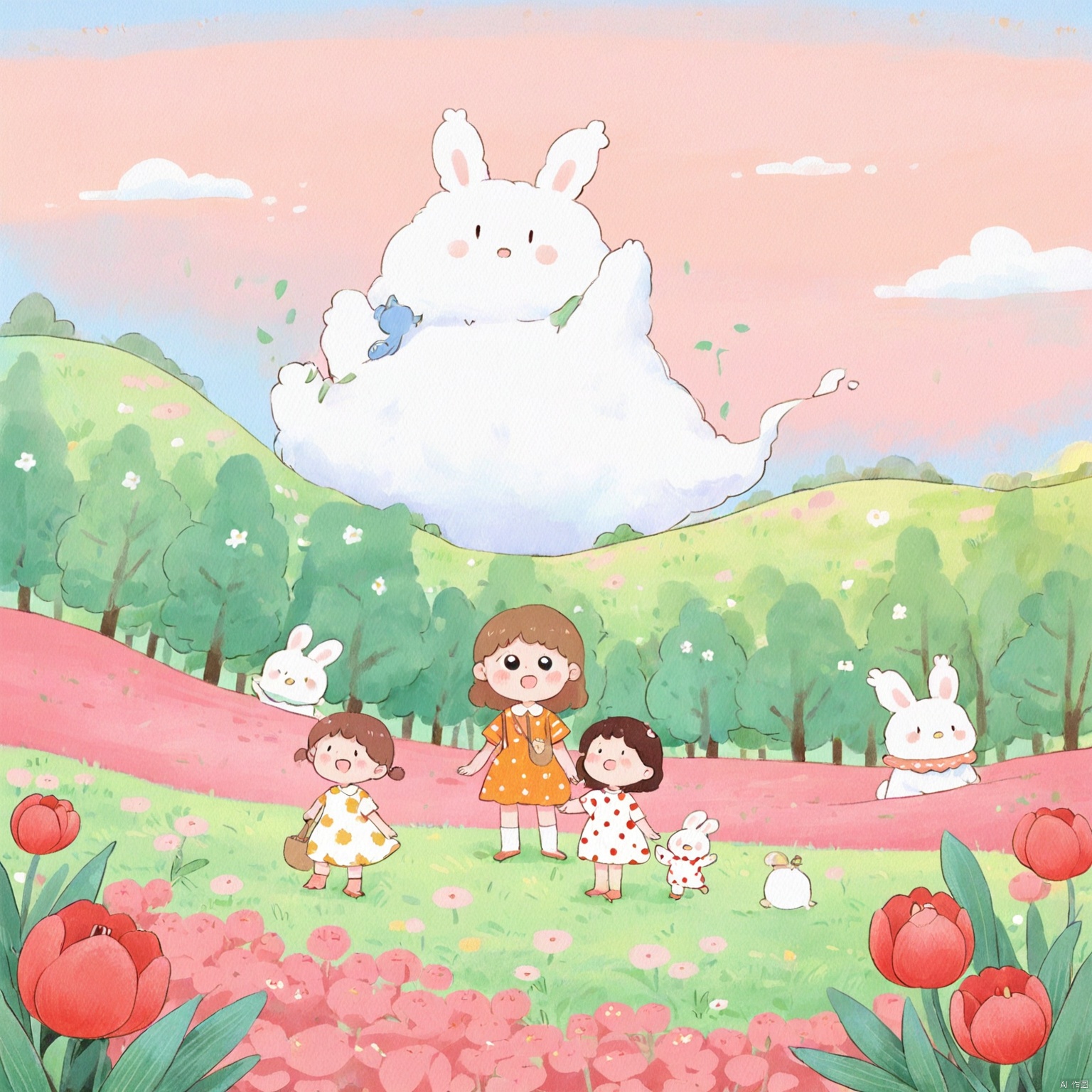 Captured at eye-level on a medium-sized painting of a pink hillside

dotted with red tulips and green leaves. The hillside is adorned with a few pink flowers

adding a pop of color to the scene. The sky is a light blue

with fluffy white clouds scattered across it. A line of green trees line the horizon

adding depth to the composition. Three little girls

a boy and a girl

are standing on the hill

looking at the viewer. The girl on the left is wearing a white polka dot dress

while the girl in the middle is wearing an orange and yellow dress. The boy on the right is dressed in a yellow shirt

and the girl next to him is dressed up in a red and white striped shirt. Two white bunnies are standing to the right of the girl

looking up at the camera.

