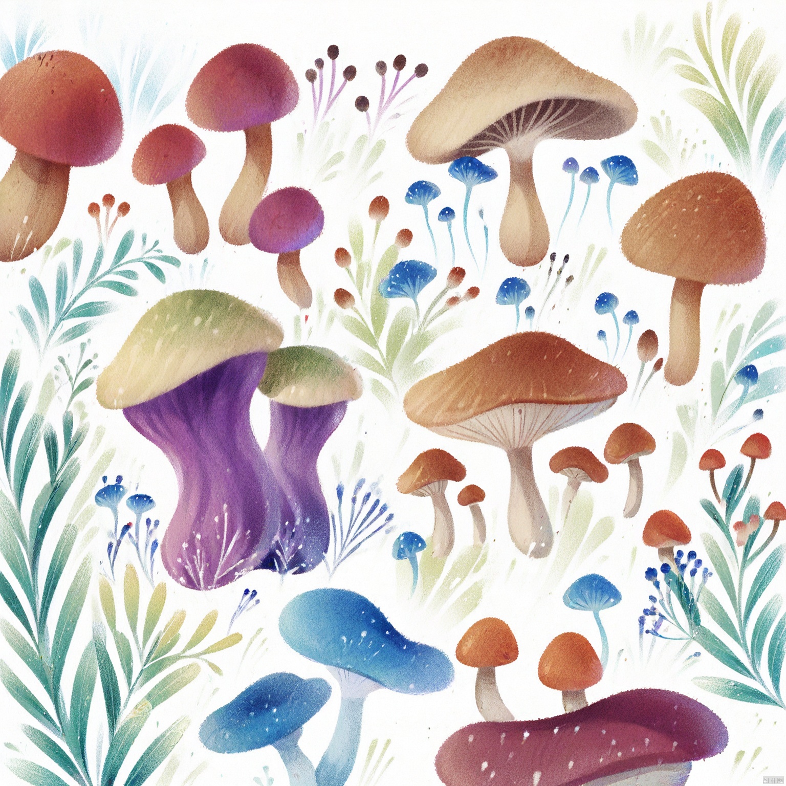A watercolor painting of a group of mushrooms on a white background. The mushrooms are painted in various shades of brown

tan

and red. There is a purple tree trunk in the bottom left corner of the frame. There are blue and red flowers scattered around the mushrooms. The background is a solid white.