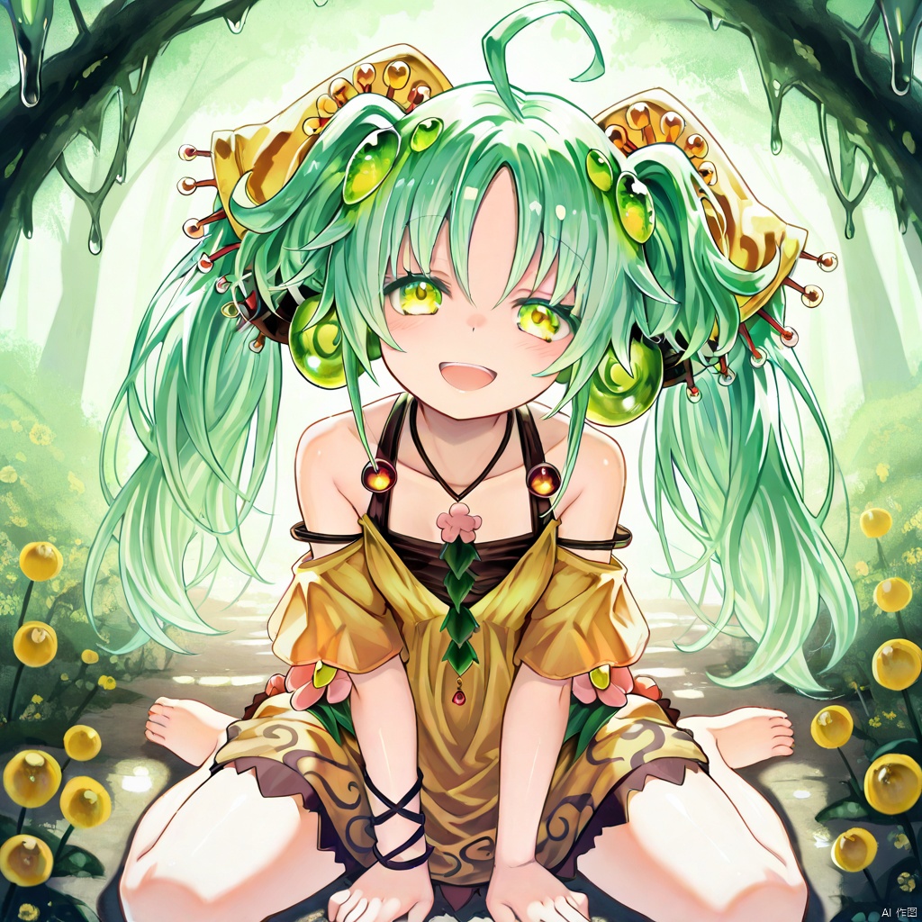 masterpiece, best quality, high quality, Traptrix Sera \(ygo\), 1girl, solo, long hair, looking at viewer, smile, open mouth, hair ornament, dress, twintails, jewelry, sitting, green eyes, yellow eyes, flower, ahoge, :d, green hair, barefoot, bell, wariza,