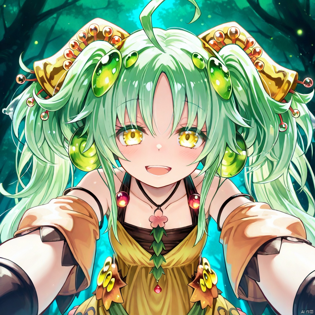 masterpiece, best quality, high quality, Traptrix Sera \(ygo\), 1girl, solo, long hair, looking at viewer, smile, open mouth, hair ornament, dress, twintails, yellow eyes, ahoge, green hair,