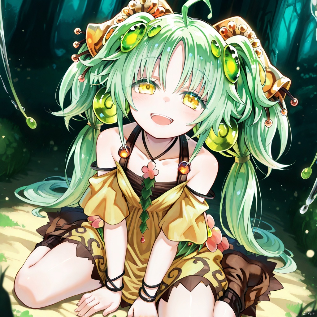 masterpiece, best quality, high quality, Traptrix Sera \(ygo\), 1girl, solo, long hair, looking at viewer, smile, open mouth, hair ornament, dress, twintails, sitting, yellow eyes, ahoge, green hair,