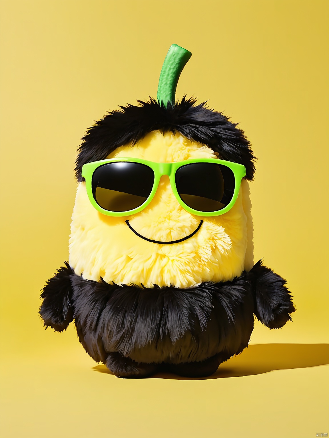 SDZT,Furry doll, plush style, font design,A very fat green banana, wearing black sunglasses, a proud expression, plush texture. Cute and funny. The background is solid yellow.,